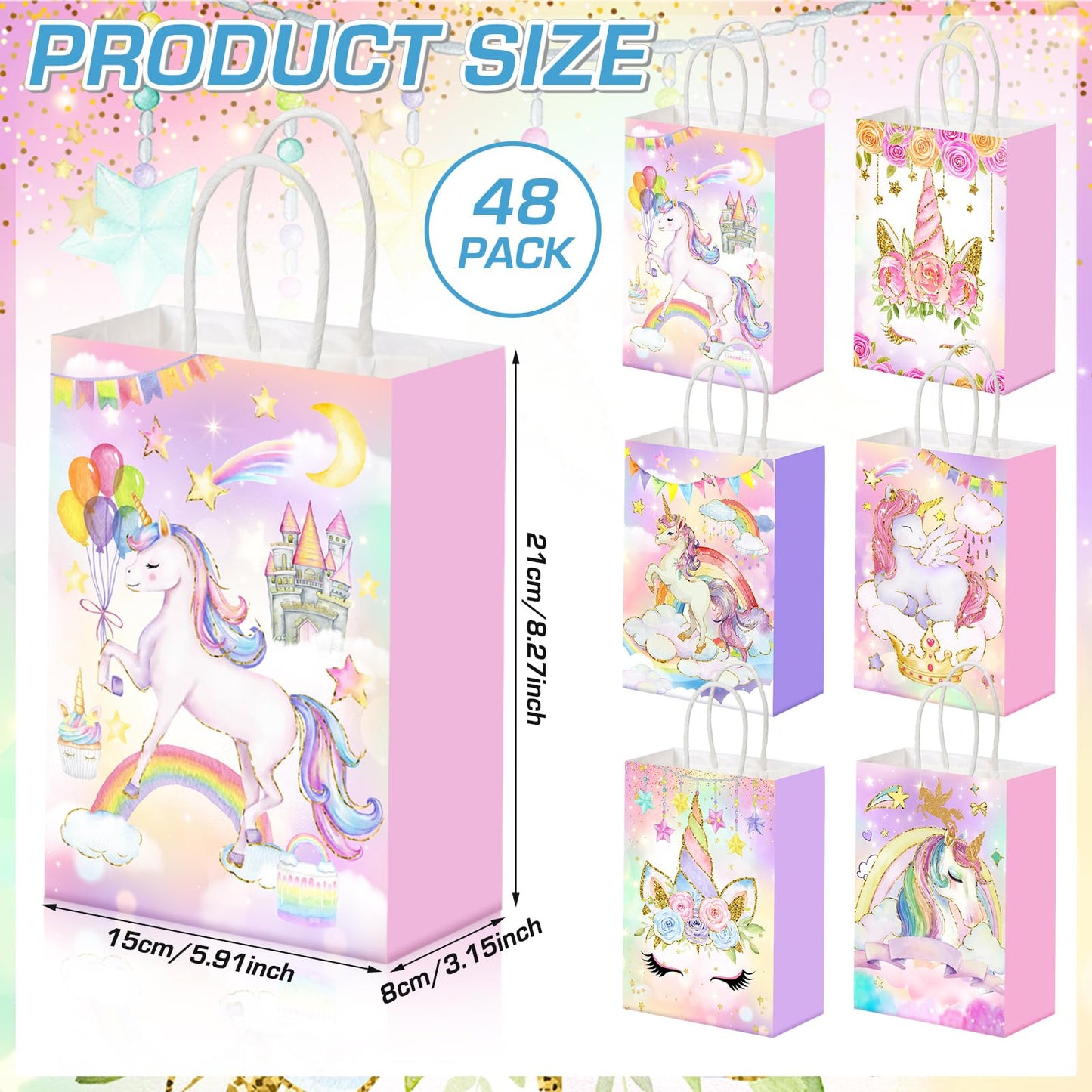 Kolldenn 48 Pcs Unicorn Party Favor Bags for Birthday Party Supplies Cute Unicorn Gift Goodie Paper Bags with Handles Rainbow Goody Treat Candy Pouch‌ for Girls Birthday Baby Shower Decorations