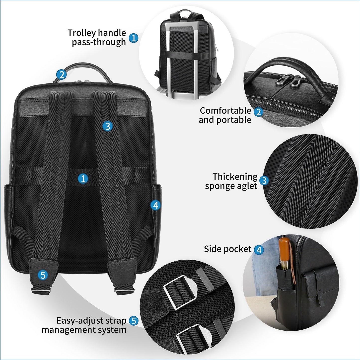 Colins Keirs Men's Black Leather Backpack for Work Travel, Durable Genuine Leather Laptop Backpack with 15.6-inch Computer Compartment, Stylish Professional Designer