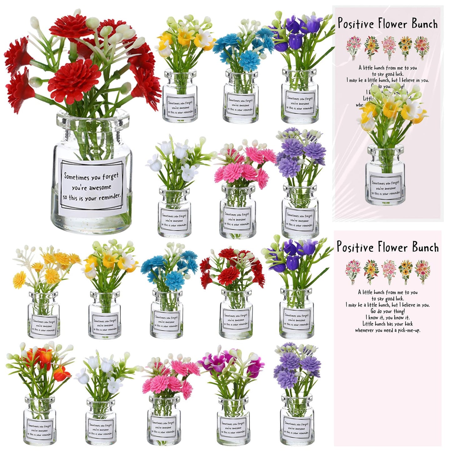 Xuhal 20 Sets Mothers Gift Set for Women Positive Mini Bud Vase with Flowers Positive Cards Motivational Office Desk Decor Gift for Mother Women Teacher Volunteer Employee Nurse Wedding