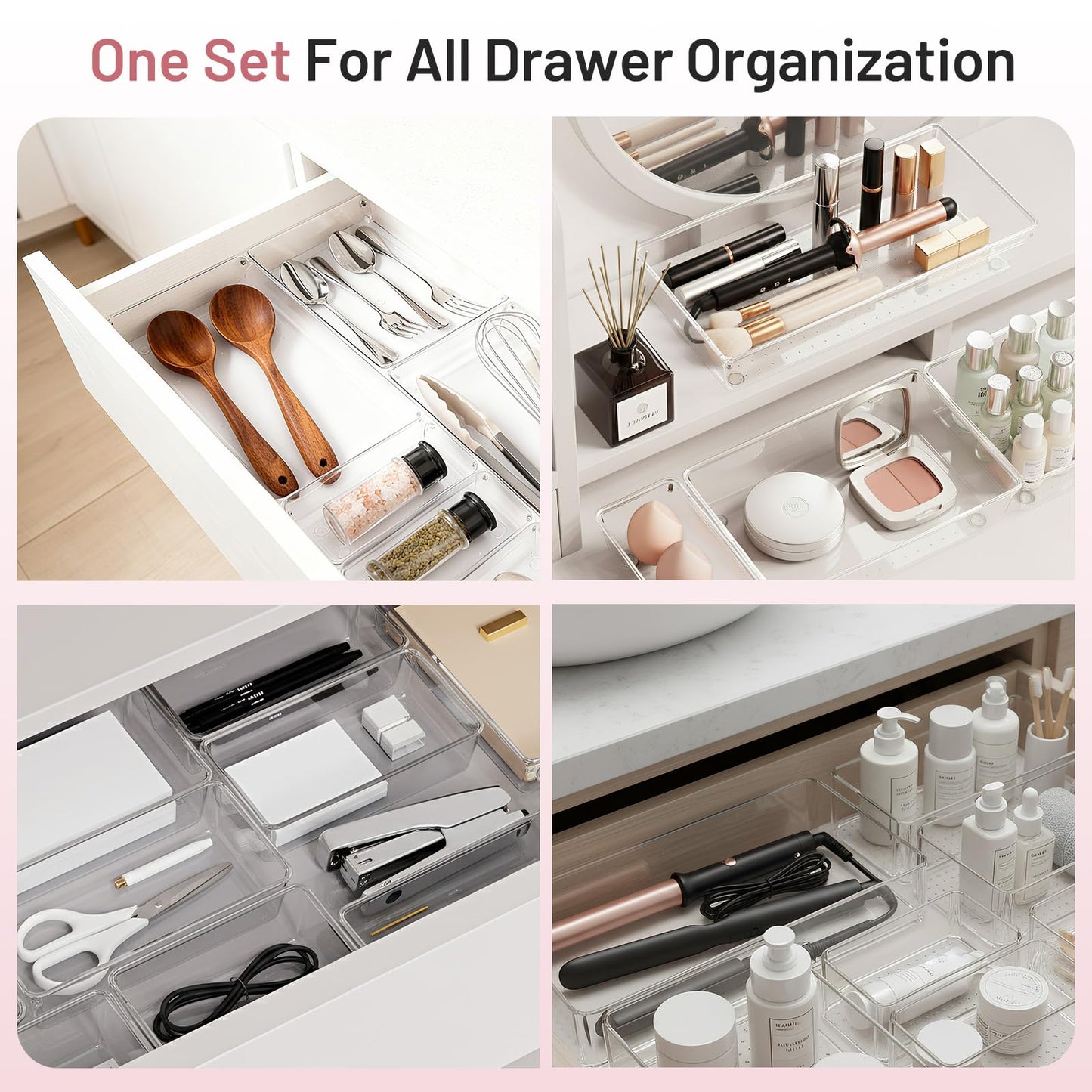 8 Pack Large Clear Plastic Drawer Organizer Bins - Acrylic Bathroom Drawer Organizer Trays - Heavy Duty Kitchen Drawer Dividers for Utensils - Non-Slip Storage Bins for Makeup, Bedroom, Office Desk