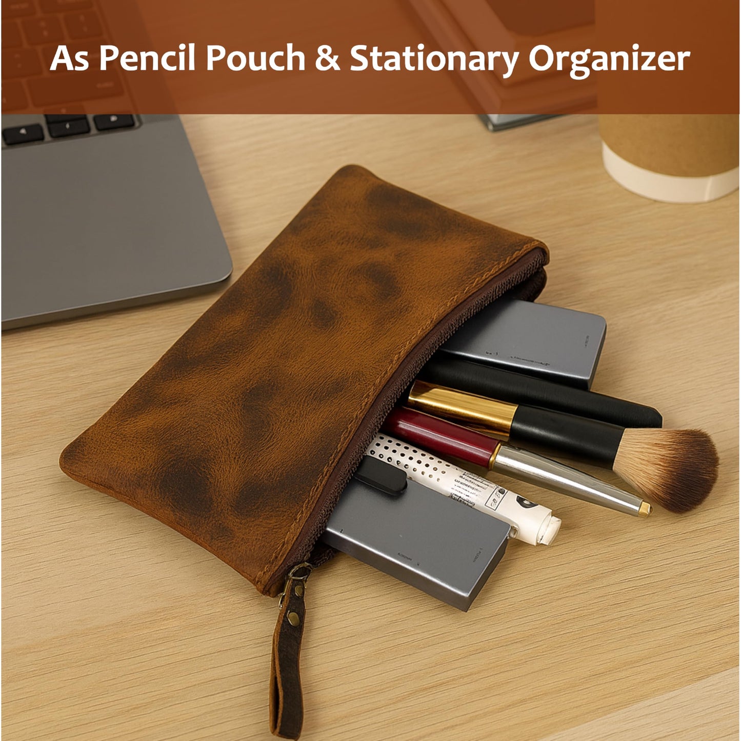 TheAntiq Leather Pencil Pouch, Currency Pouch, Leather Pencil Case, Zippered Pouch Paper Money, Pen Case, Pen & Marker Case, Pencil Case For Artists & Professionals (Brown)