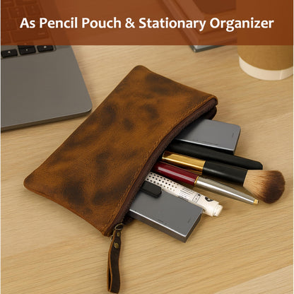 TheAntiq Leather Pencil Pouch, Currency Pouch, Leather Pencil Case, Zippered Pouch Paper Money, Pen Case, Pen & Marker Case, Pencil Case For Artists & Professionals (Brown)
