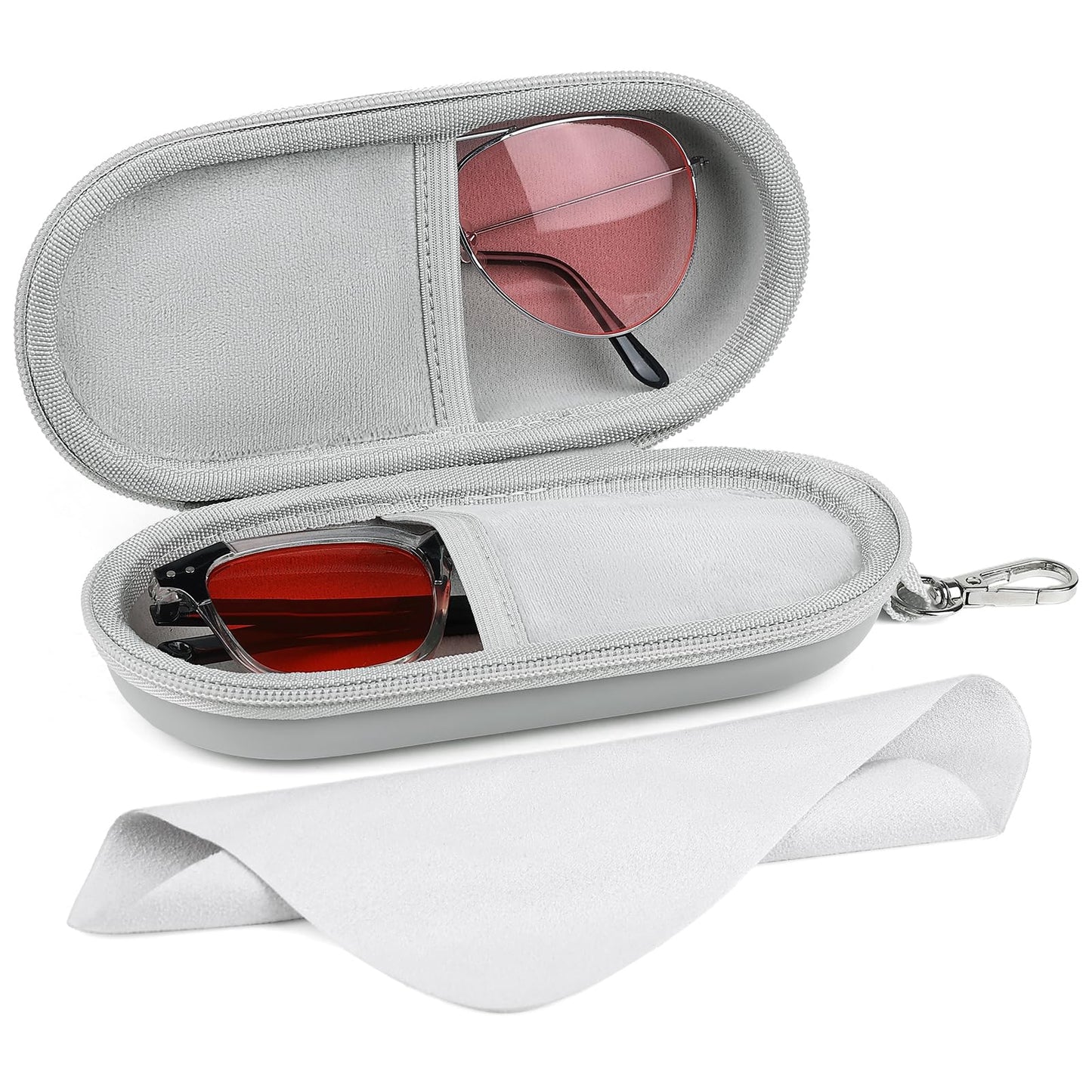 Marvolia Double Eyeglasses Case Hard Shell Dual Glasses Case with Clip & Zipper Closure Travel Sunglasses Organizer Portable Eyewear Storage Box for Men Women - Grey