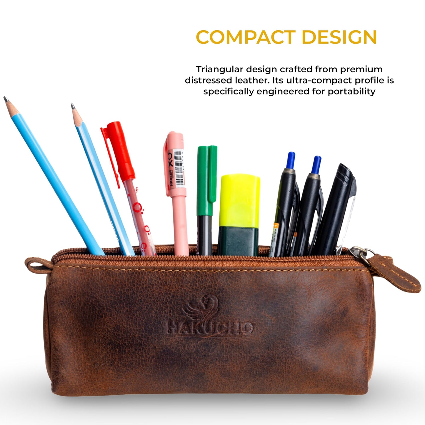 HAKUCHO Leather Pencil Case - Full Grain Leather handmade Durable & Stylish, Ykk Zippered Pen Pouch - Stationery Bag Pen Holder for collage, Work & Office