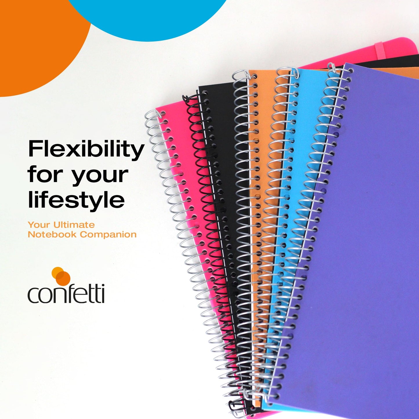 Confetti Spiral Notebook - Hole Punched - 4 Removable Dividers, Spill Proof Cover, Closing Elastic Band, Storage Pocket - Sturdy Bound Notepad, School & Office Supplies - 200 Sheets - Black