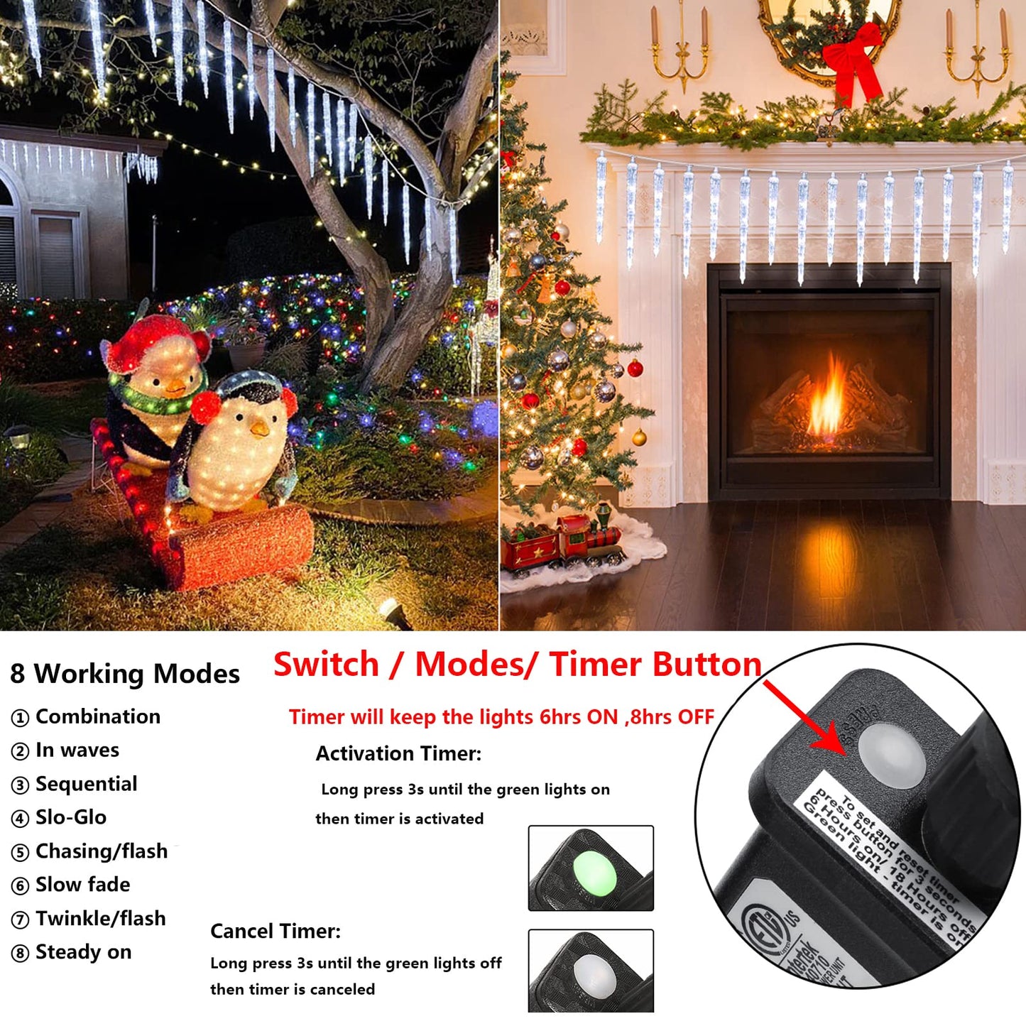Joomer White Christmas 13FT 20 Tubes 90 LED Icicle Lights with Timer Function, Waterproof Connectable Ice String Lights for Holiday Home, Patio, Trees Christmas Decoration