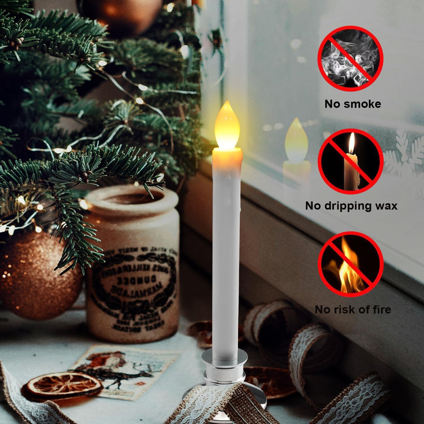 SunFunUSA LED Flameless Window Candles with Remote Timer-Battery Operated Realistic Flickering Candle Lights with Removable Silver Candlesticks Best Gift for Xmas Wedding Home Dinner Decor