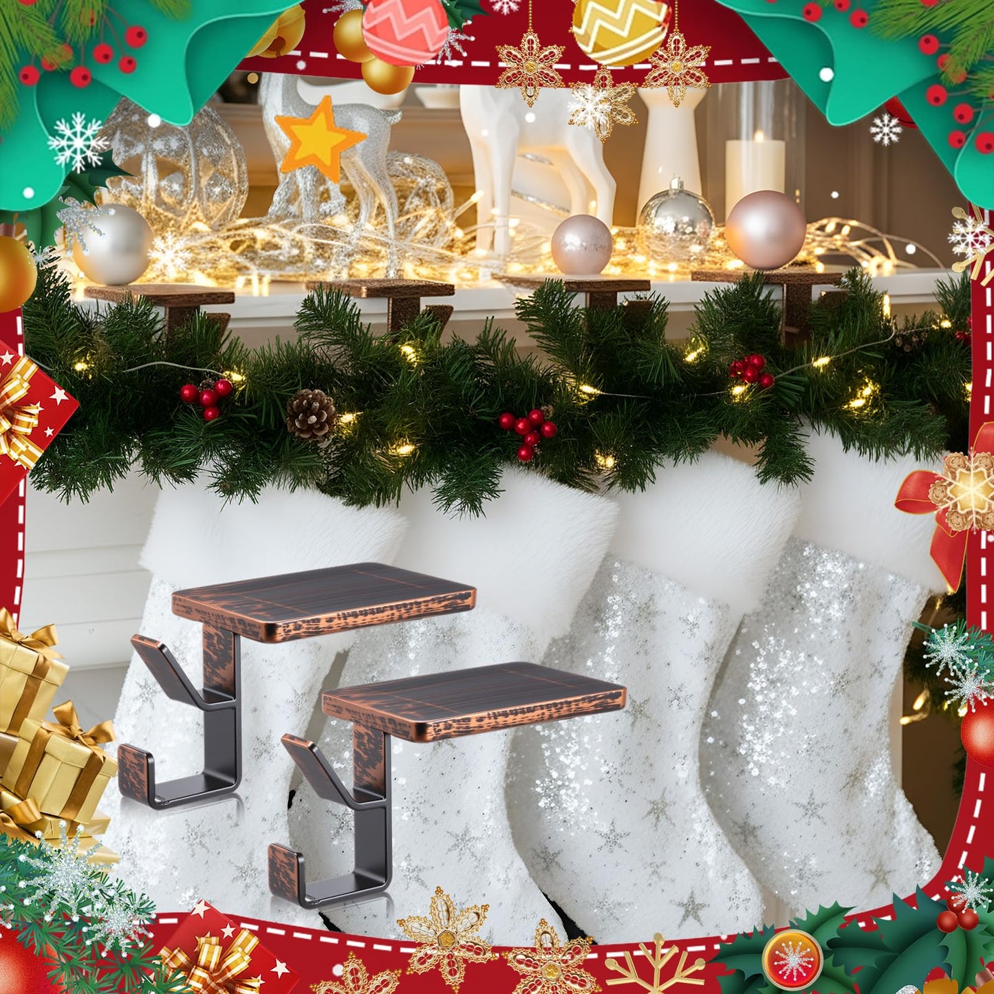 Chunful 2 Pcs 2 in 1 Fireplace Garland and Stocking Hangers Christmas Stocking Holder for Mantel Heavy Duty Metal Stocking Hanger Base for Fireplace Holiday Xmas Party Decor (Bronze)