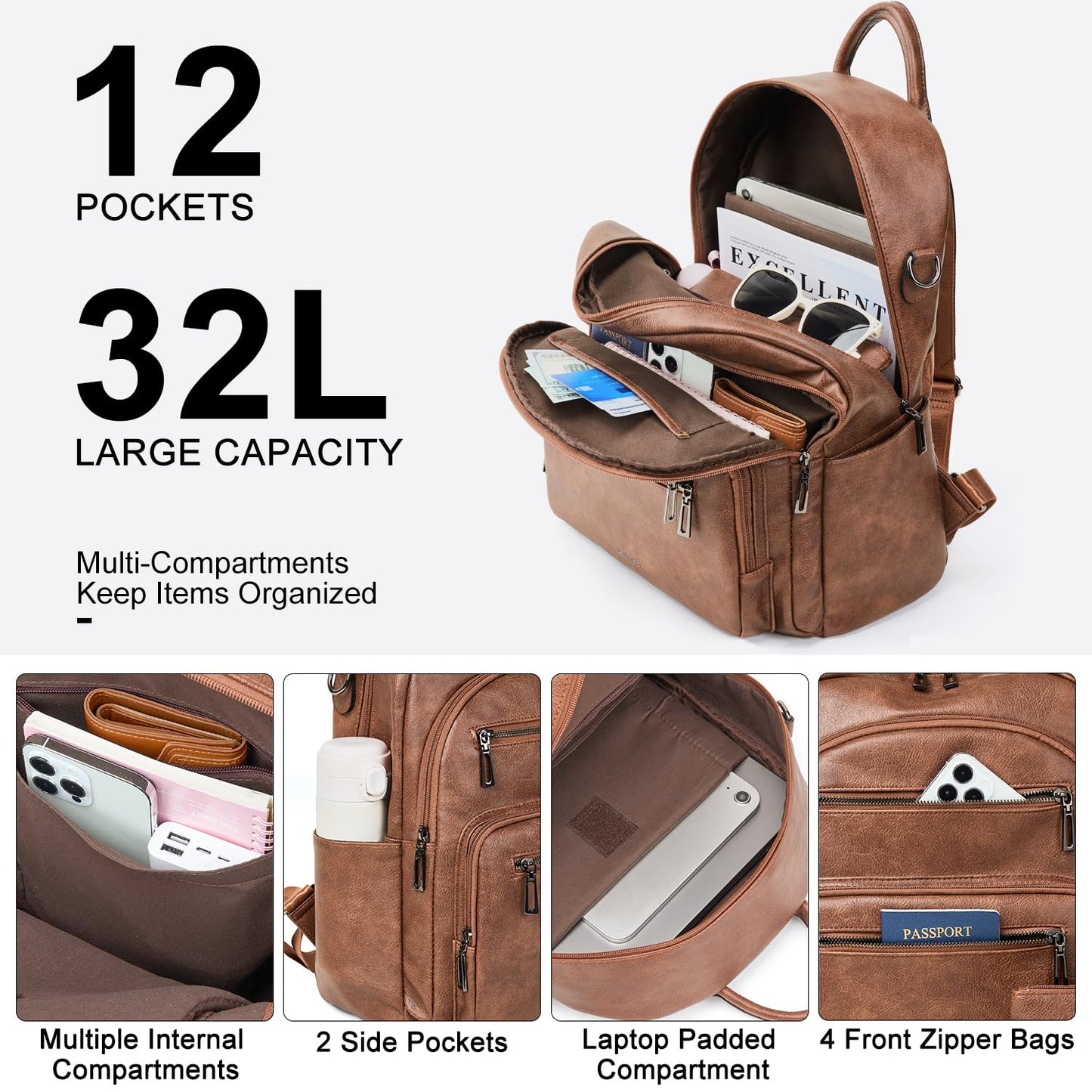 LATMAP Backpack Purse for Women Laptop Backpack, Leather Travel Backpack Shoulder Bag Teacher College Daypack Work Handbag fits 14" Laptop-Brown