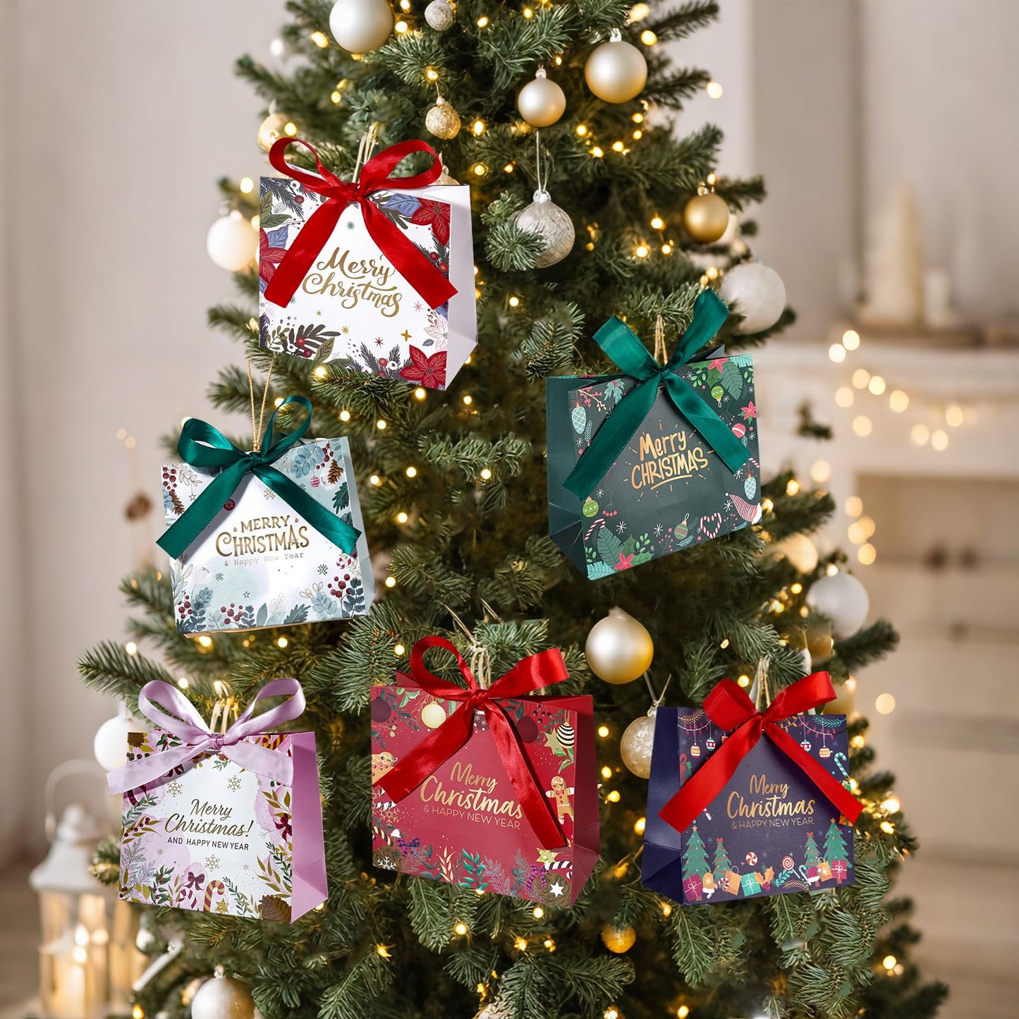 24 Pack Christmas Mini Gift Bags,5.5x 2.5x4.7 Inch Small Xmas Goodie Bags with Ribbon for Kids, Holiday Party Favors Boxes for Candy, Cookies, Jewelry, Christmas Tree Decoration