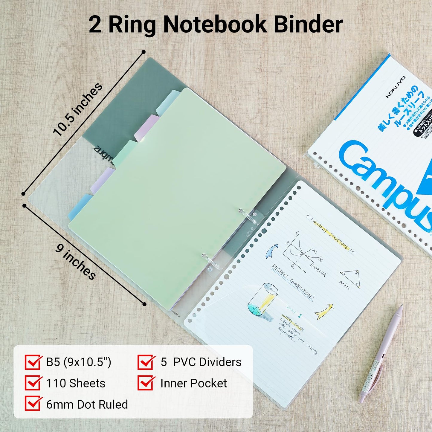 KOKUYO 5 Subject Spiral Notebook Journal, Campus 110 Sheets B5 Refillable Notebook with Dividers Tabs, 6mm Dot Lined Binder Notebook for Work School Note Taking. 9" x 10.5", Yellow, Japan Import