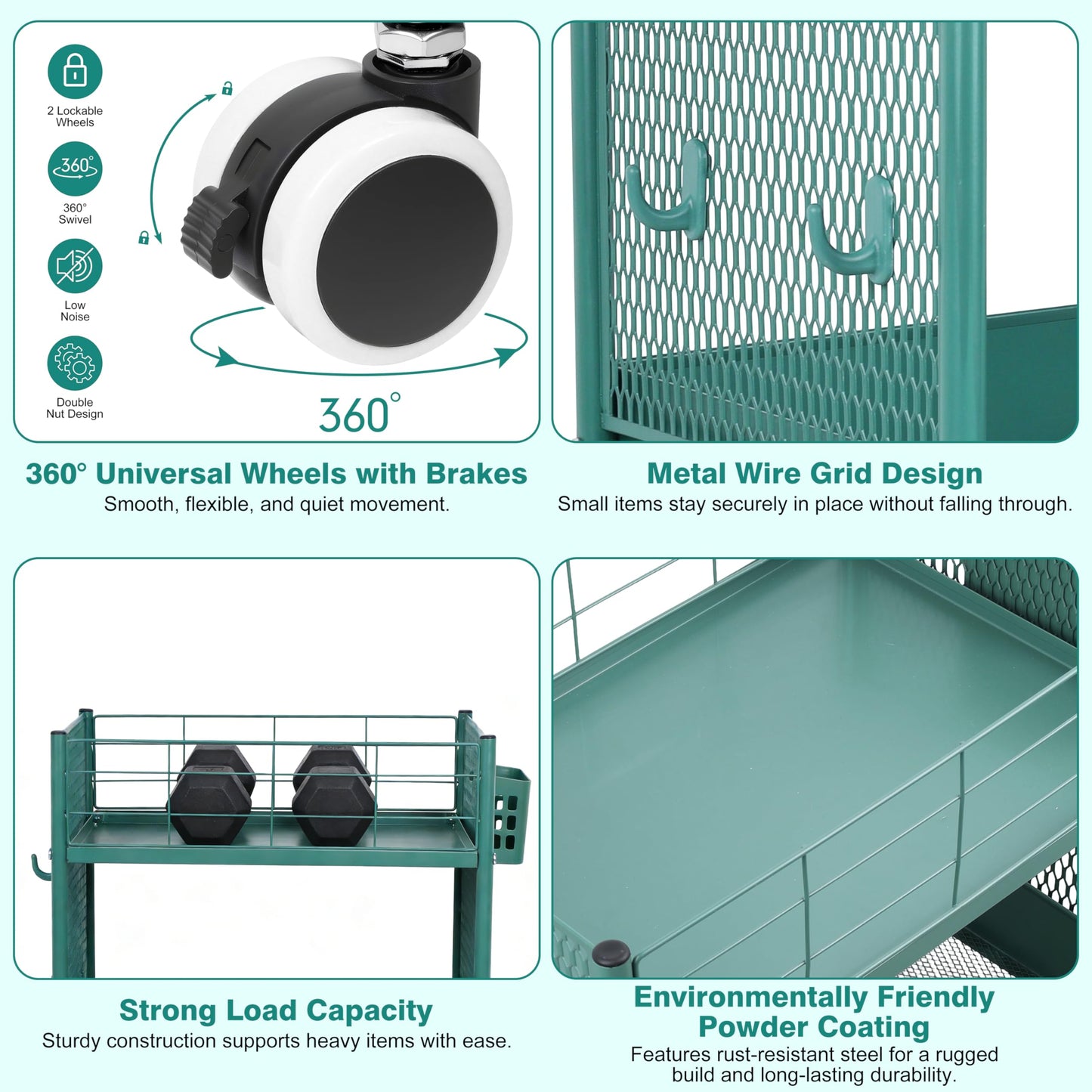 3-Tier Rolling Storage Cart Metal Utility Cart with Wheels, Office Organizer with Hanging Cups, Hooks, Book Snack Craft Mobile Shelving Unit for Office Kitchen Nursery