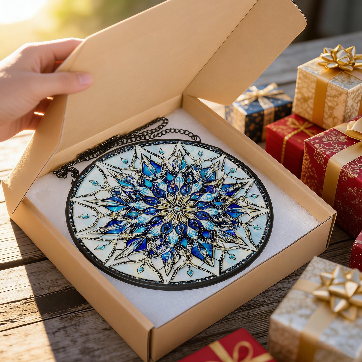 Stained Glass Window Hanging, 7.8 Inch Mandala Snowflake Christmas Suncatcher, Holiday Window Hanging Decor, Stained Glass Ornaments for Windows, Doors & Home Decor, Gifts for Christmas