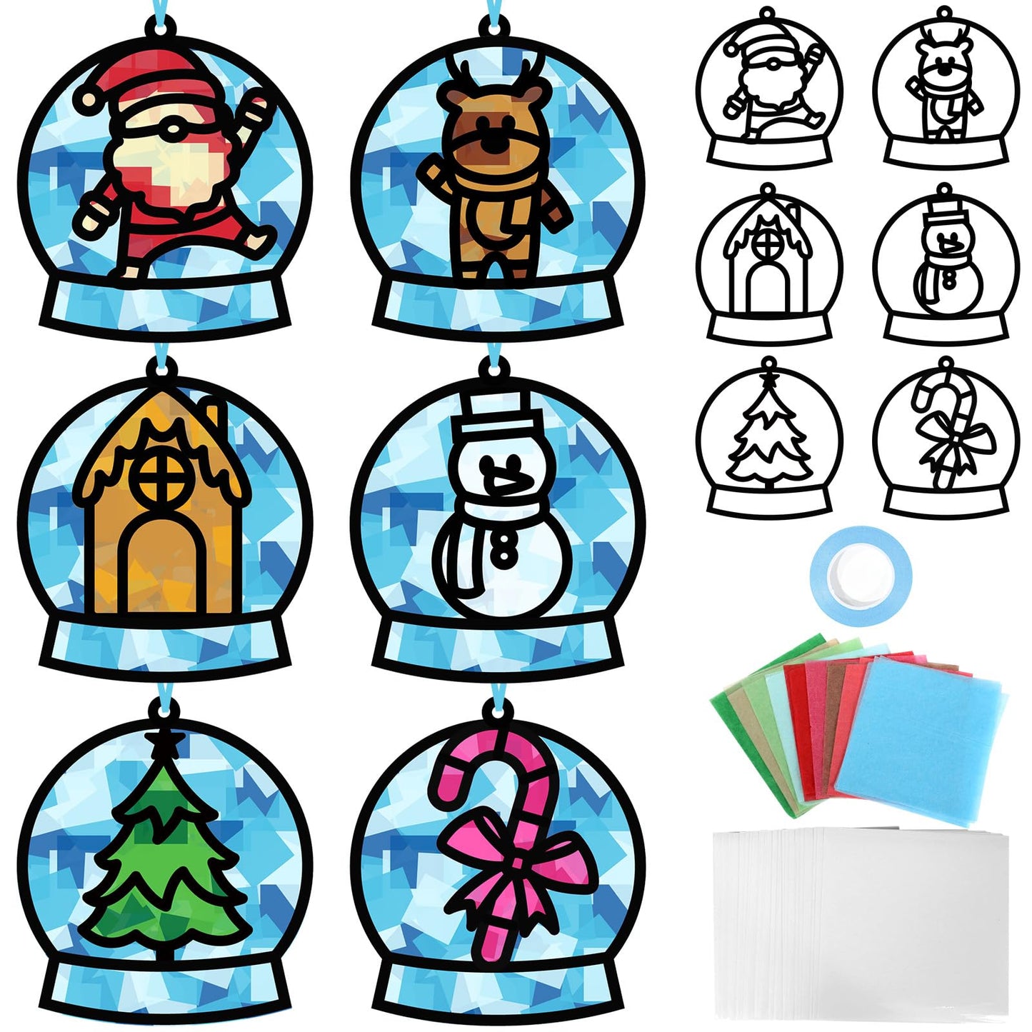 Qyeahkj 36 Set Winter Christmas Suncatchers Craft Kit for DIY Santa Snowman Reindeer Globe Tissue Paper Craft Kit Hanging Decor for Xmas Home Activity Art Project Birthday Party Favor Gift