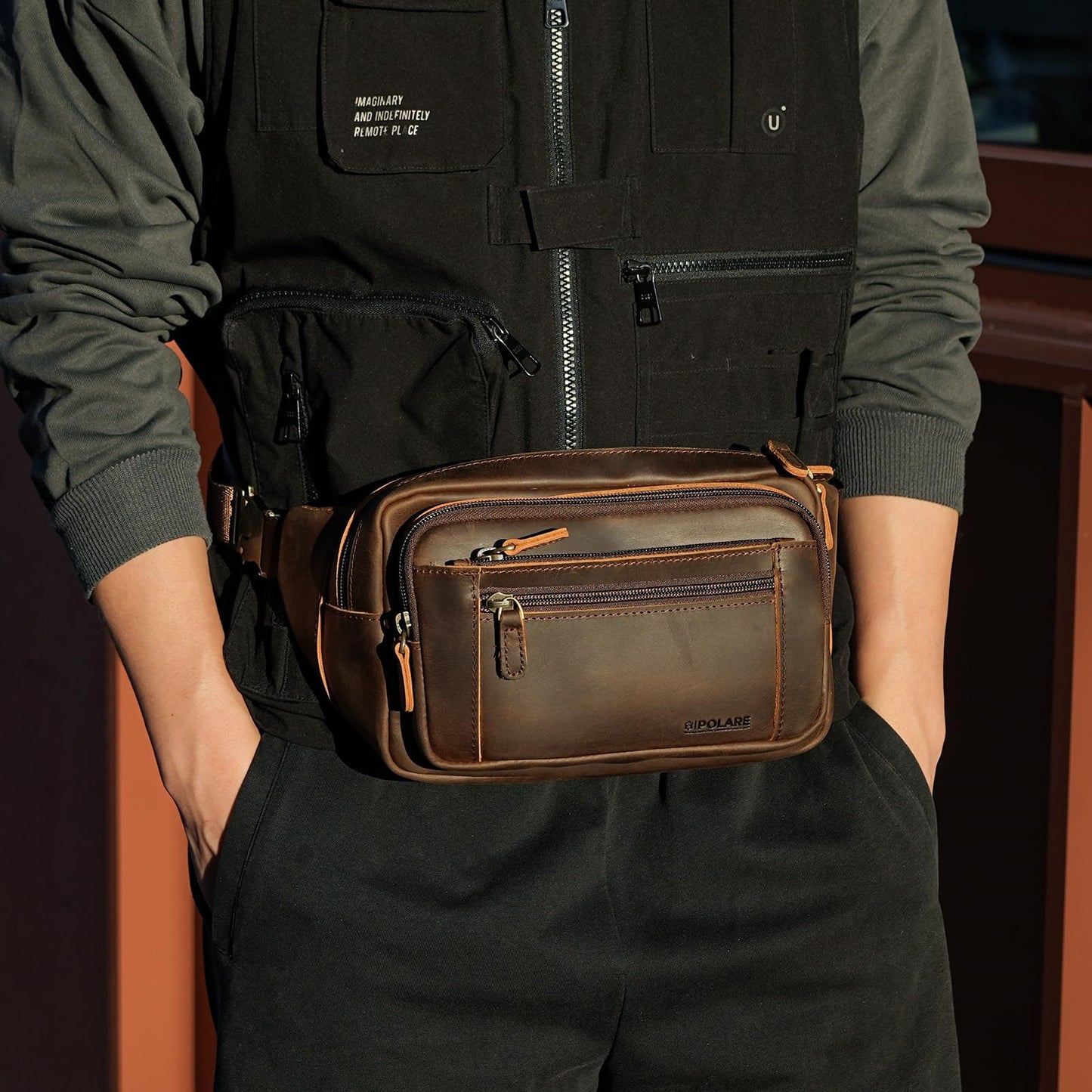 Polare Full Grain Leather Fanny Pack/Waist Belt Bag for Men and Women Large Capacity Crossbody Organizer For Travel Outdoor Sports Hiking Cycling Running