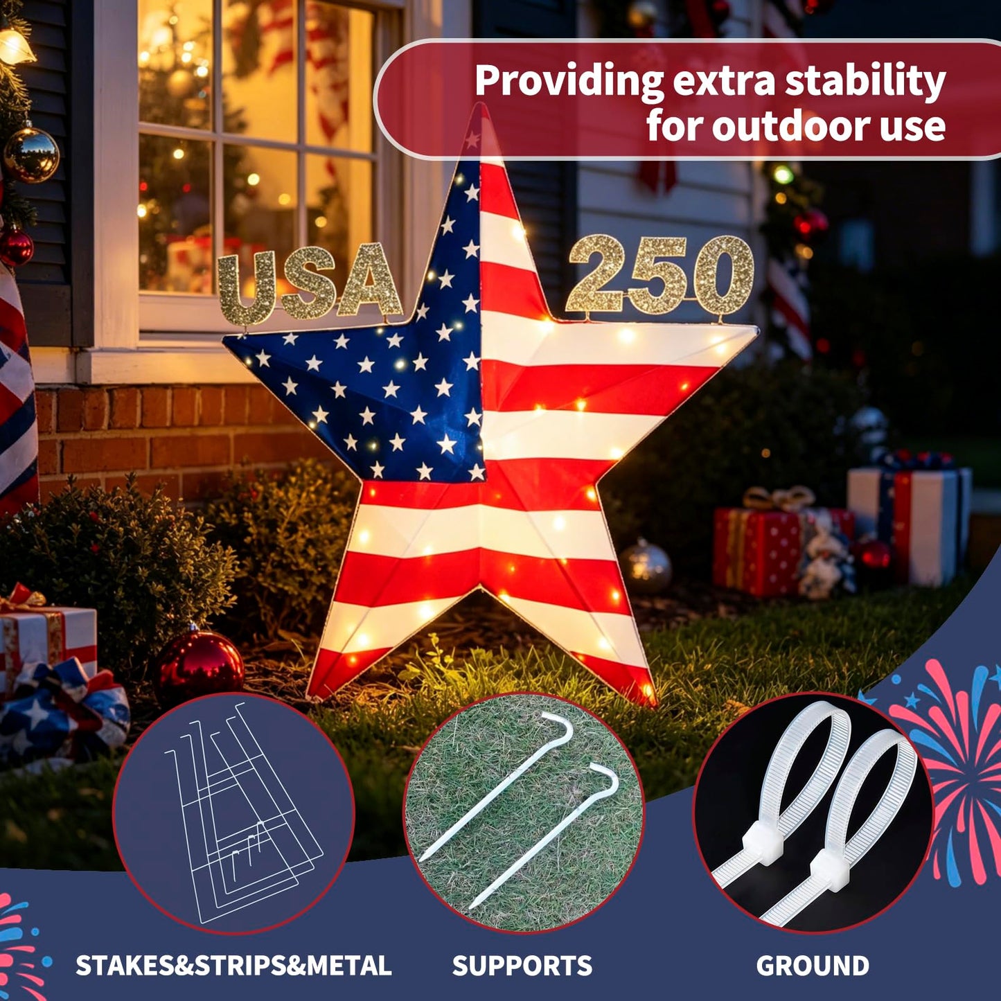 4th of July Decorations Light, USA 250 Lighted Patriotic Star with 38 Lights, American Flag Yard Decoration for Garden, Lawn, Porch, Red White and Blue Independence Day Decor