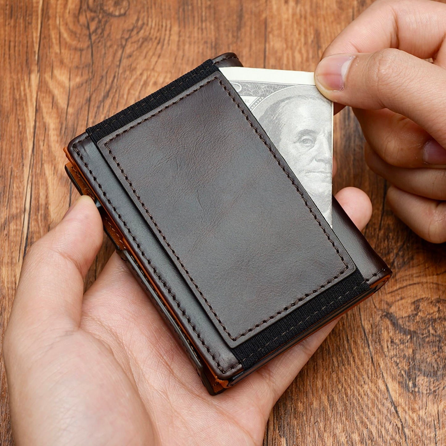 SparkMark Minimalist Pop Up Wallet for Men | RFID Blocking Credit Card Holder Wallet with Money Clip | Mens Wallet Slim Bifold Front Pocket Metal Case with Gift Box (Genuine Full Grain Leather)
