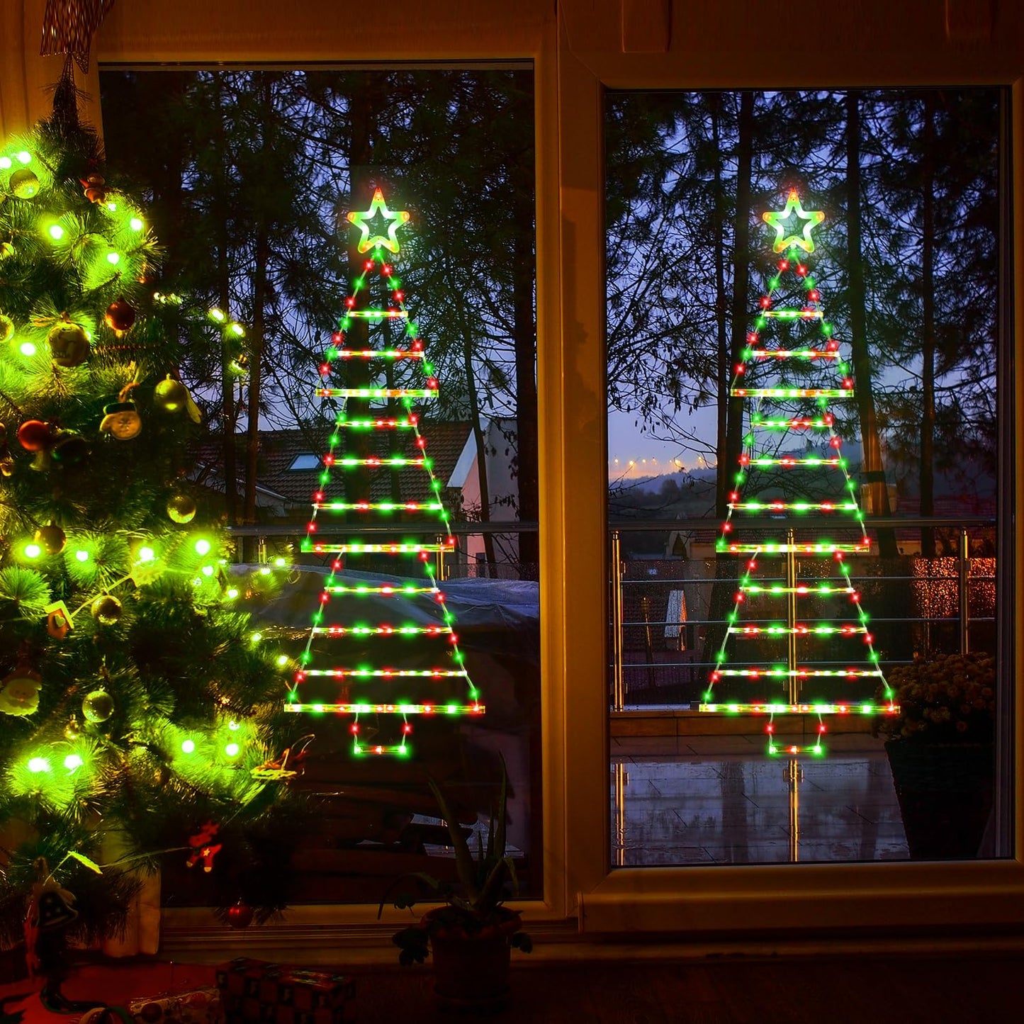 PUHONG (New) Christmas Ladder Lights, 4.6ft Christmas Decorations with Star Topper, Xmas Hanging Ornament with 8 Light Modes, LED Indoor String Lights for Doors, Walls and Windows - Red&Green