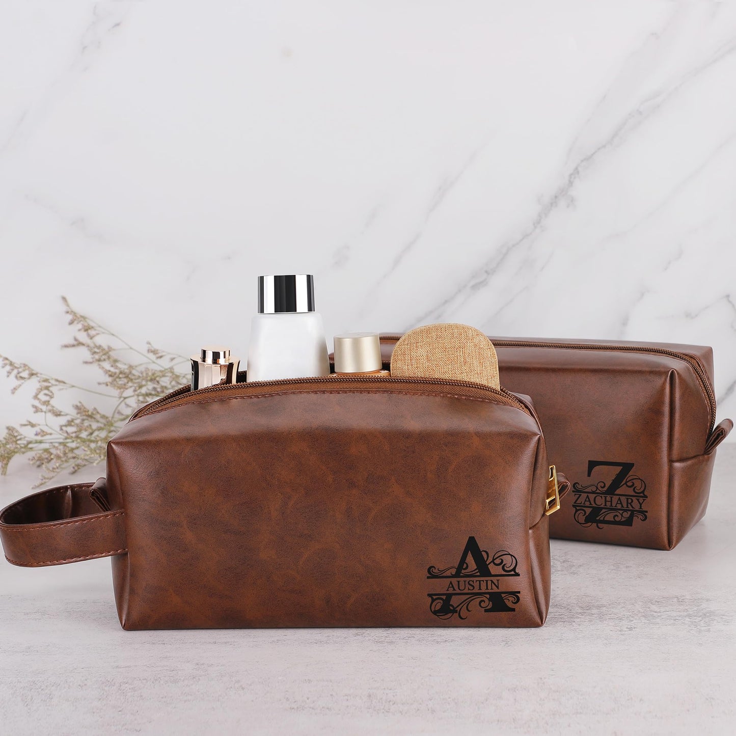 JSENGIFT Mens Toiletry Travel Bag Initial M, Personalized Leather Toiletry Bag for Men, Anniversary Christmas Valentines Fathers Day Birthday Gifts for Husband Dad Grandpa Brother