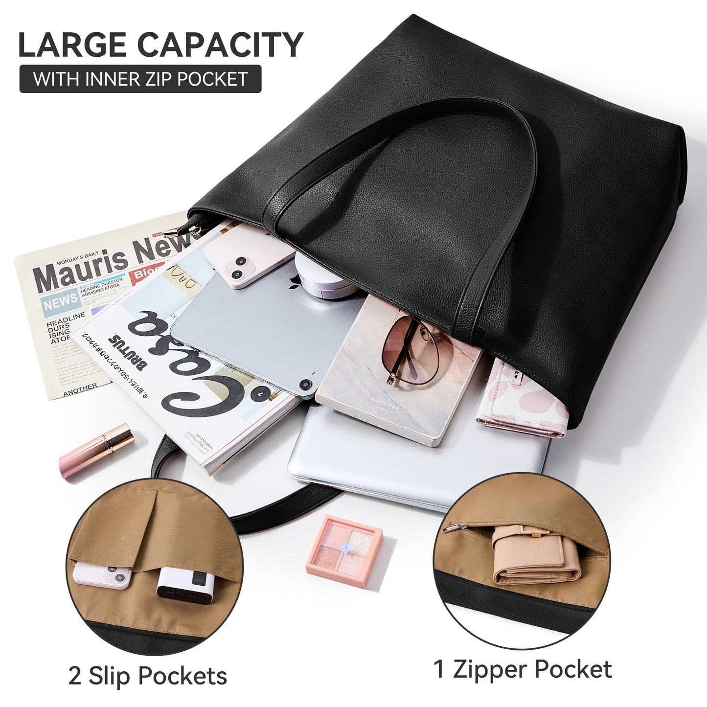 WLLWOO Soft Vegan Leather Tote Bag for Women Large Casual Hobo Handbags Zipper Shoulder Work Daily Weekender Travel Purse, Black