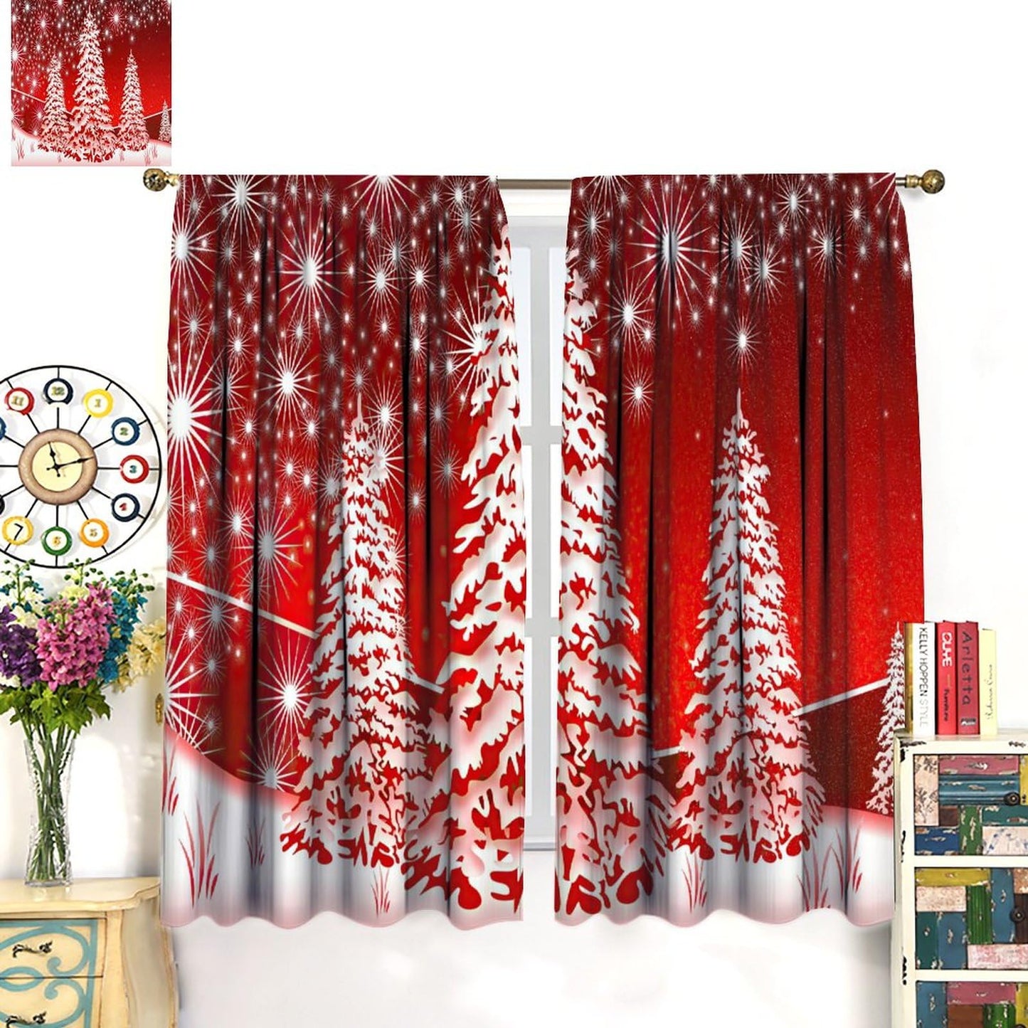 ICMOLYYENLO Christmas Curtains Santa Reindeer Sleigh Christmas Winter Decorative Curtains W42x45 Inch for Kitchen Bedroom Living Room Children's Room Decorative Curtains 2 Piece Set