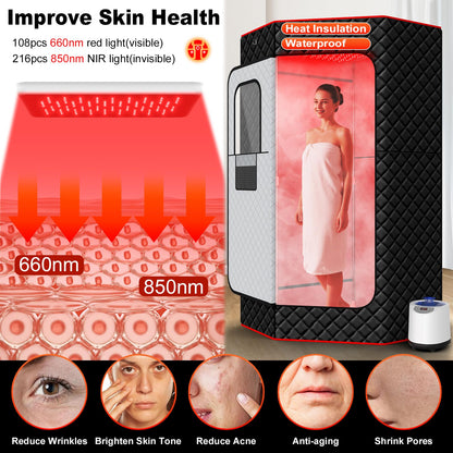 I-THERA-U XL Infrared Sauna Box with True 660 & 850nm Red Light Therapy Lamp, Portable Red Light Sauna for Home, Full Body Steam Tent with 3L 1200w Steamer, 15 Levels Heat, Chair, Remote