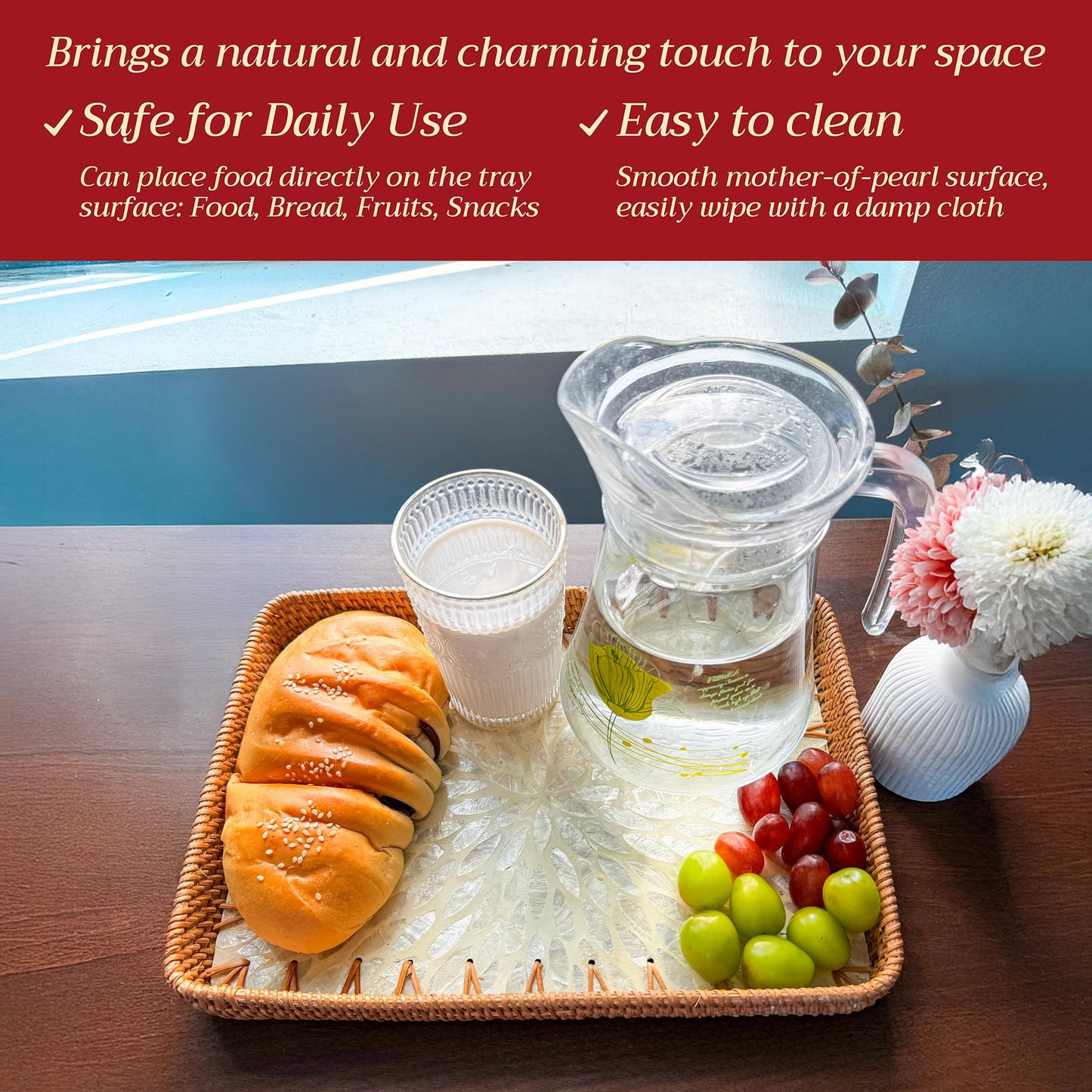 Rattan Tray Rectangle with Mother of Pearl – Unique Decorative Rattan Serving Tray for Food, Bread, Fruits, Snacks & Organizing Bathroom, Coffee Table – Christmas & Housewarming Gift (White 13.3"x9.4)