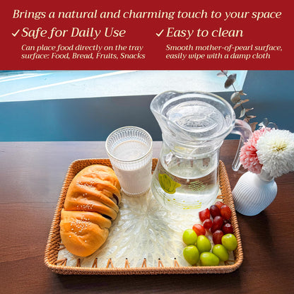 Rattan Tray Rectangle with Mother of Pearl – Unique Decorative Rattan Serving Tray for Food, Bread, Fruits, Snacks & Organizing Bathroom, Coffee Table – Christmas & Housewarming Gift (White 13.3"x9.4)