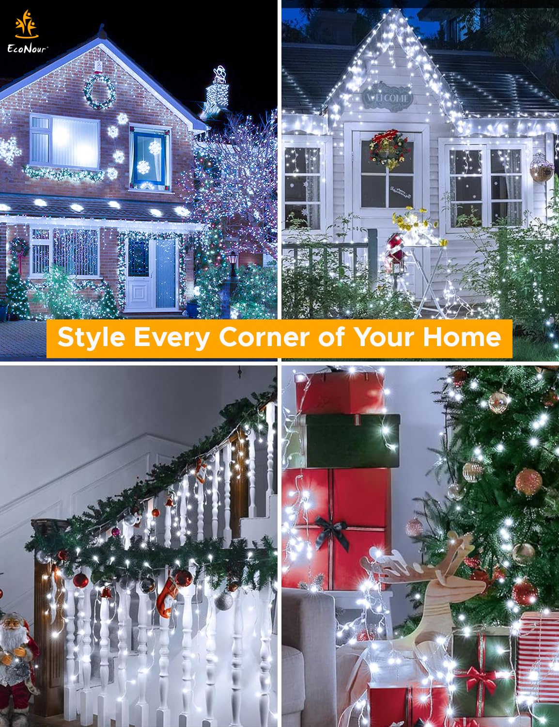 EcoNour Cool White Easter Icicle Lights for Outside, 32.8 FT 360LED Outdoor Icicle Lights with 8 Mode, 8HR Timer, Memory Function, Clear Wire connectable, Plug in Fairy Lights for Roofline, Party