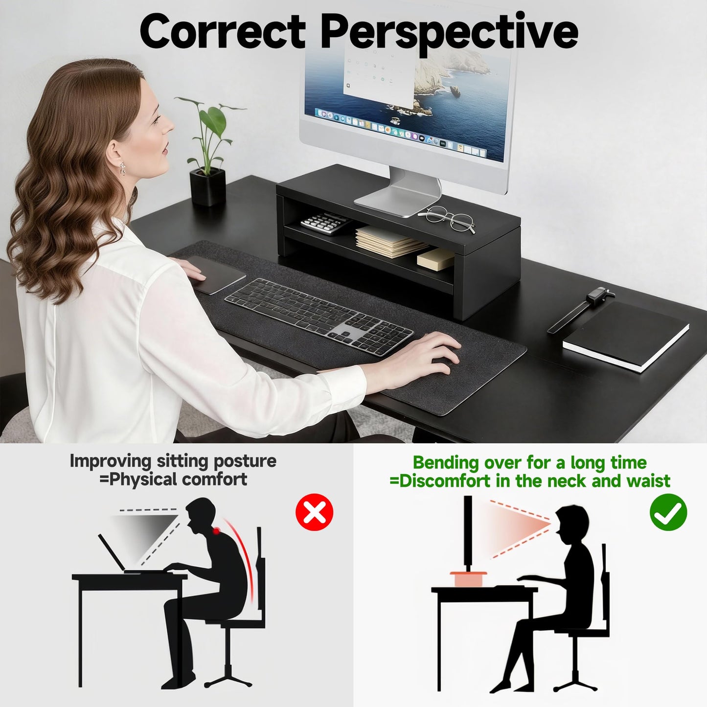 vie poetique Wooden Monitor Stand Riser, 2-Tier Desk Shelf with Storage Organizer, Ergonomic Computer Stand, Storage Organizer for Laptop, Computer, Black, 15.7 Inch