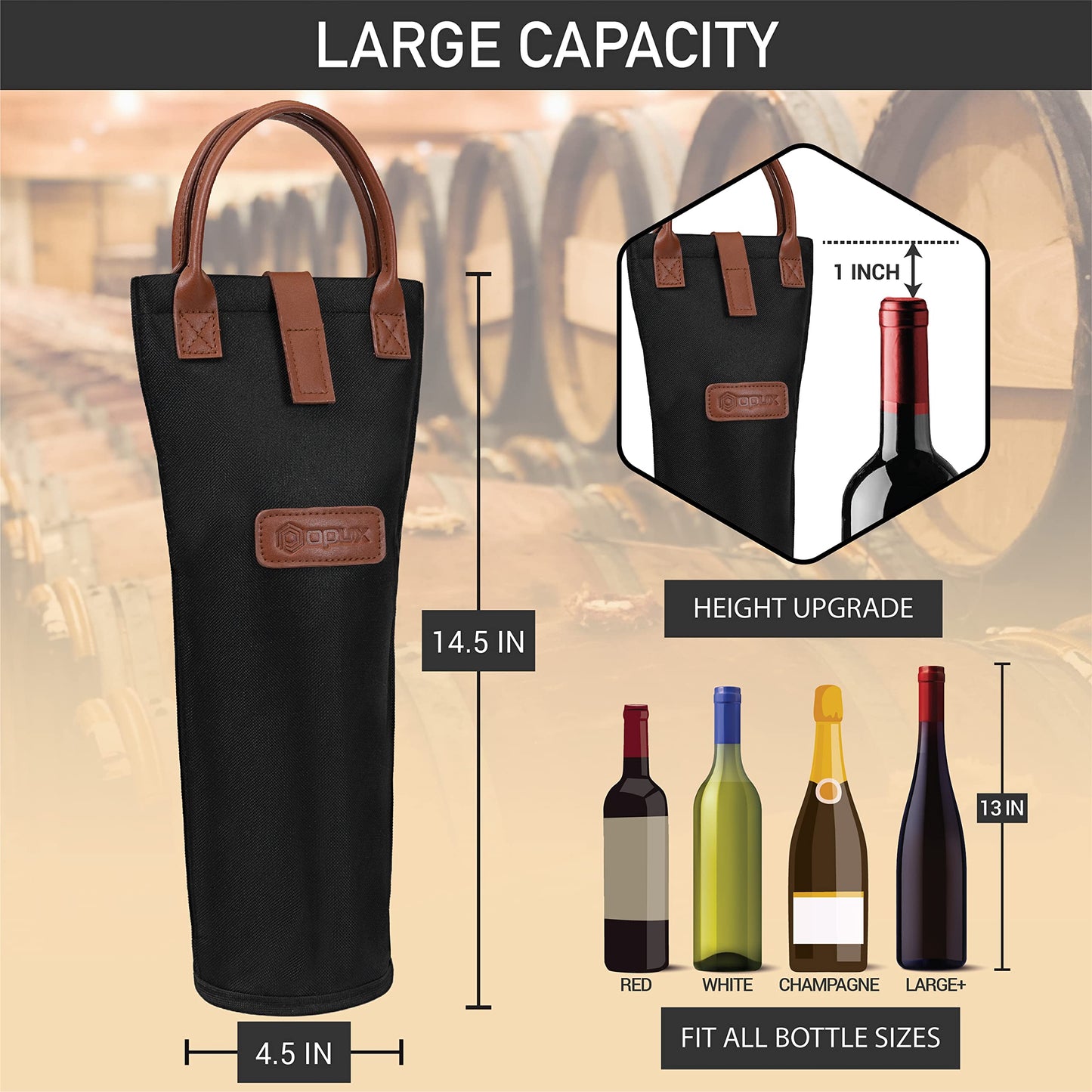opux Wine Bag Single Bottle Carrier Tote, Insulated Travel Wine Cooler Bag for Picnic Beach Gift, Thermal Padded Portable One Bottle Holder Carrying Case for Women Men Wine Lovers, Black