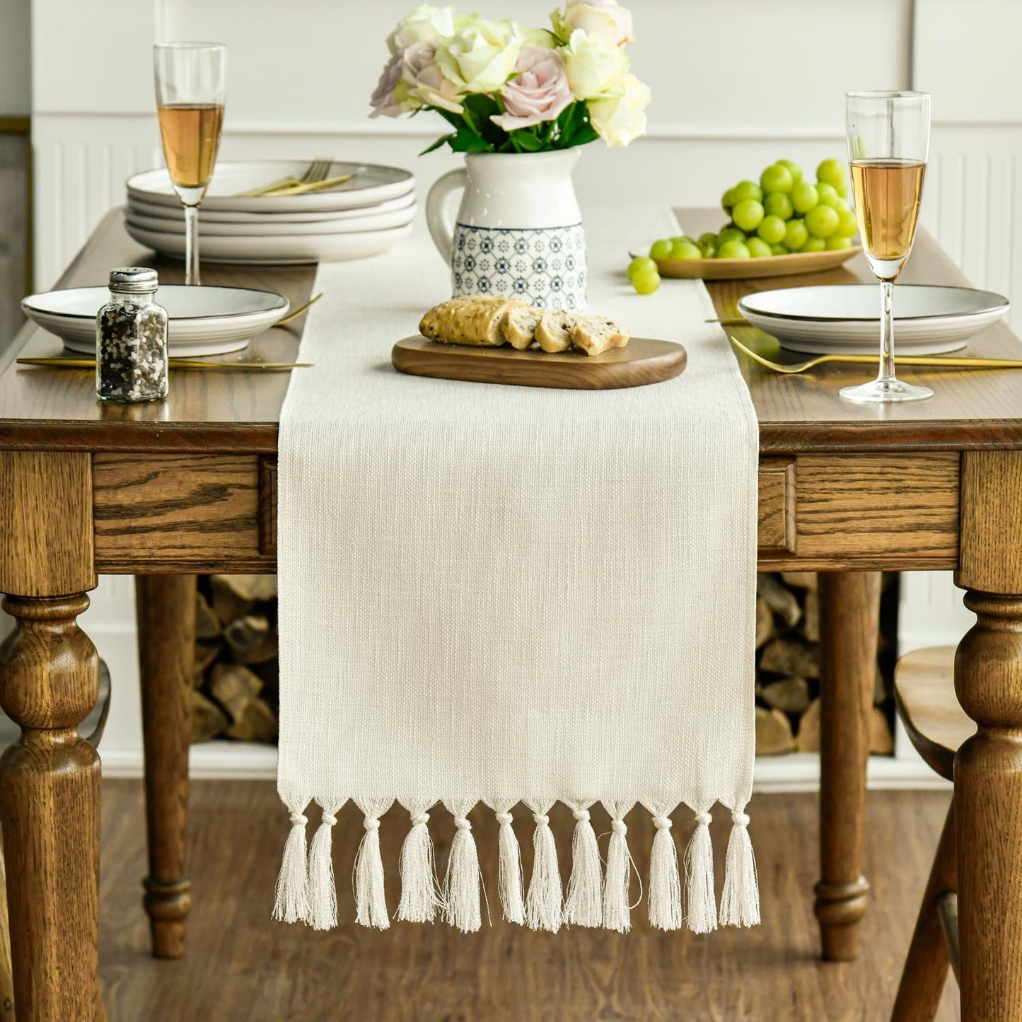 Artoid Mode Beige Tassel Table Runner, Boho Linen Blend Rustic Farmhouse Style Kitchen Table Decoration Holiday Wedding Party Dinning Decor 13x72 Inch
