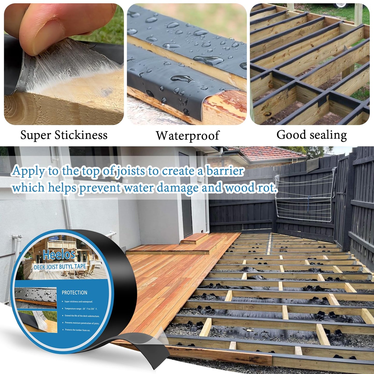 Heelos Joist Tape for Decking 2''×50',10 Pack Weather-Resistant Deck Joist Tape,Waterproof Seal Antiseptic Butyl Joists Tape,Self-Adhesive Flashing Joists Tape for Wood Decks Beams Roof