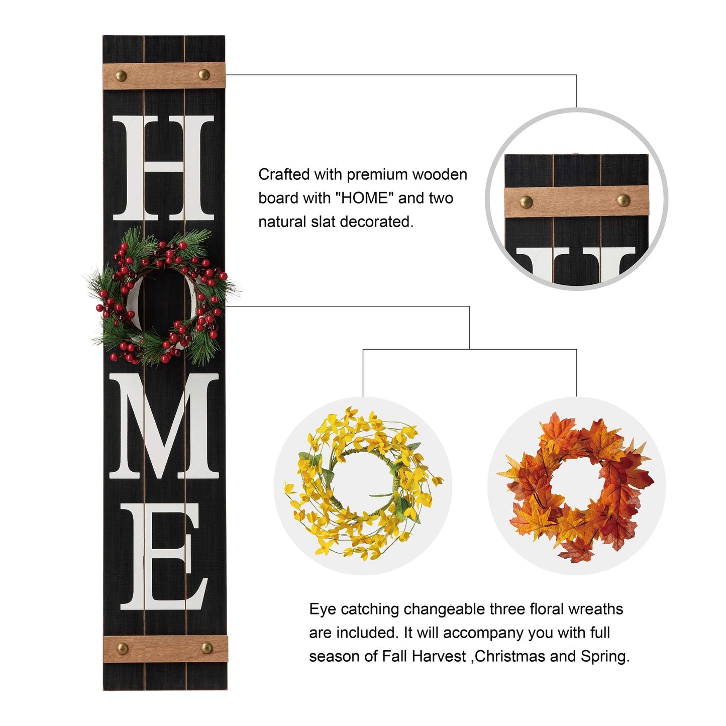 Glitzhome 42" Wooden Welcome Home Porch Sign with Interchangeable Wreaths for Front Door Vertical Farmhouse Standing Home Sign Hanging Wall Sign for Year Spring Fall Thanksgiving Christmas