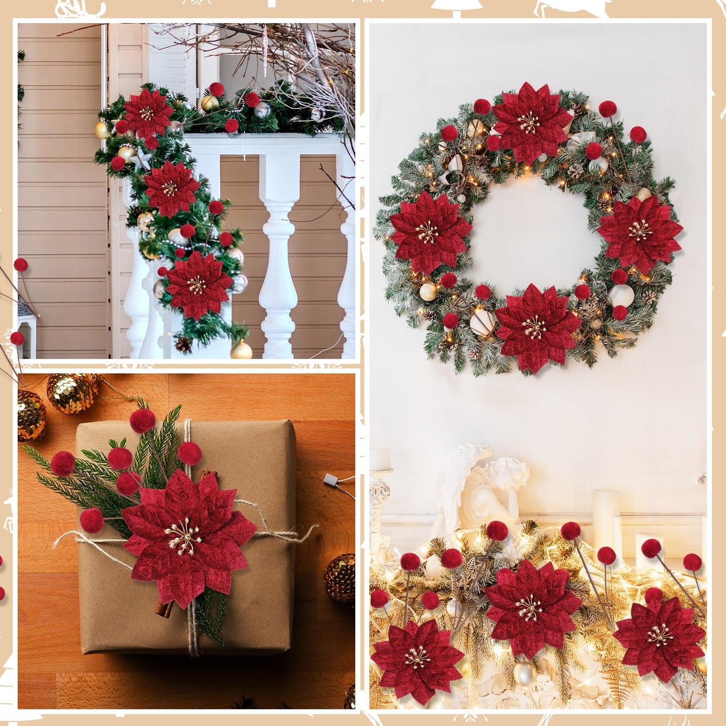 Hungdao 18 Pcs Velvet Christmas Tree Ornament Set Artificial Christmas Poinsettia Flower with Clips and Tree Picks Neutra Holiday Ornaments for Xmas Wreath Fireplace Stairs Decor(Burgundy)