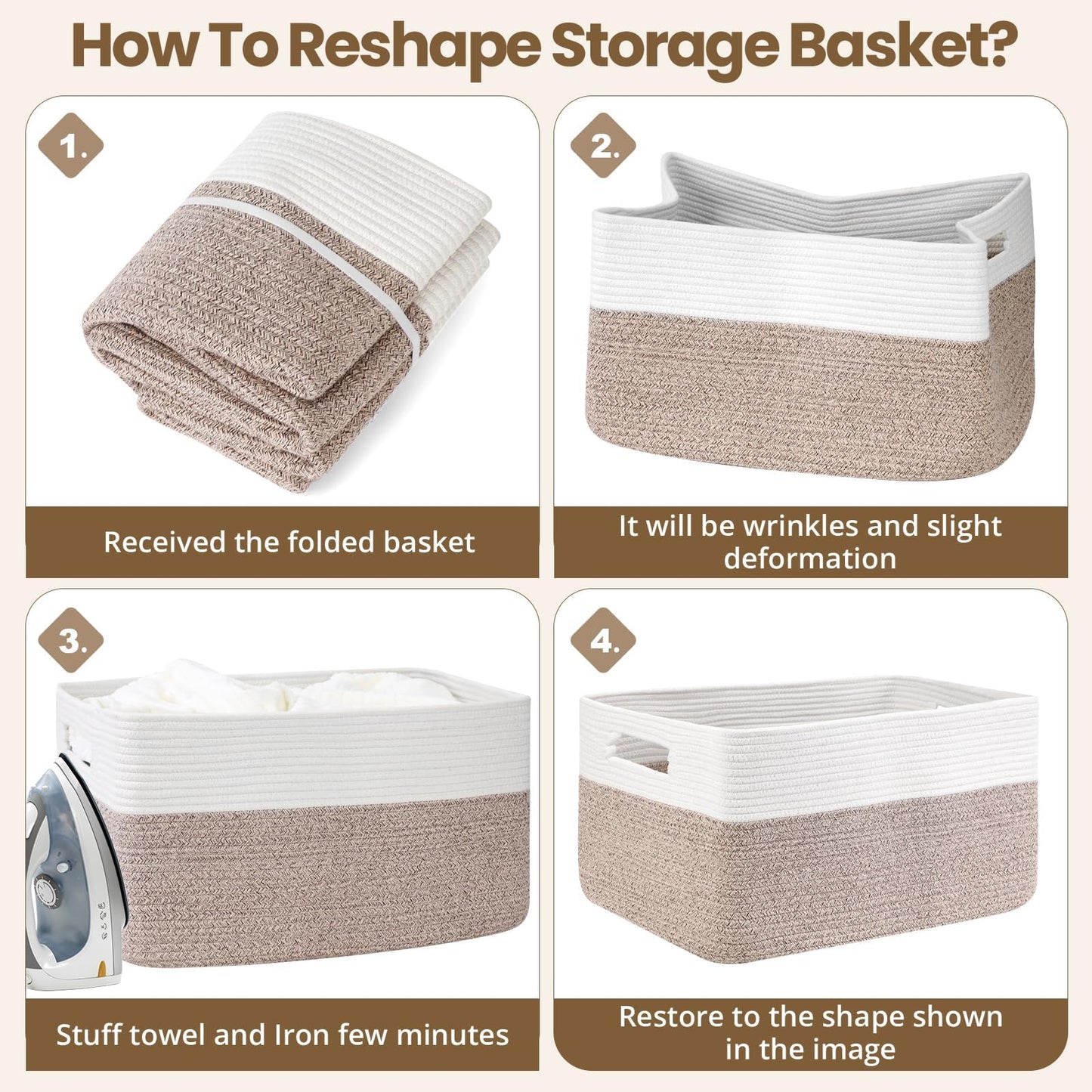 Optish 75L Large Blanket Basket, Woven Storage Baskets with Reinforced Handles, Rope Laundry Basket for Living Room, Bedroom, Nursery, Toys, Clothes,Pillows, 22” x 17” x 11.5”, White & Brown