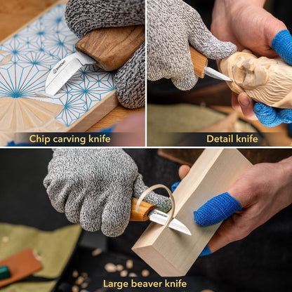 BeaverCraft Wood Carving Knife Kit S15 Whittling Kit for Beginners, Kids - Wood Carving Tools Set with Detail Chip Knife Sloyd Whittling Knives & Leather Strop, Polishing Compound and Tutorials