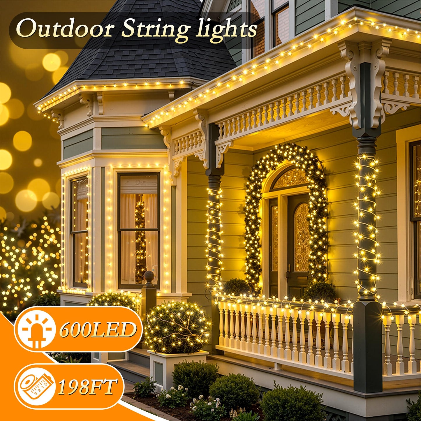 Soagrc 198FT 600 LED Outdoor String Lights Plug in IP67 Waterproof Twinkle Lights with Remote 11 Modes Dimmable Warm White and Multicolor Color Changing for Backyard Summer Wedding Party Christmas