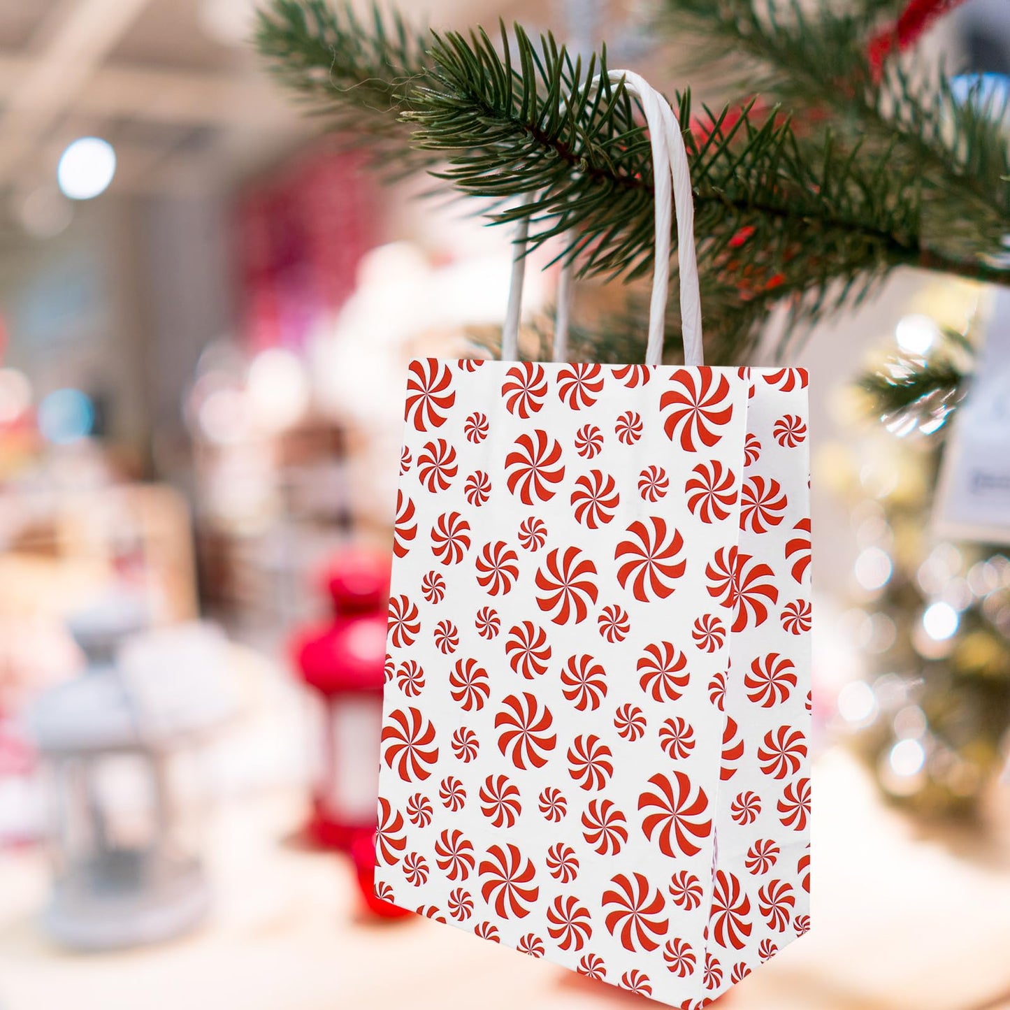 JarThenaAMCS 24 Pcs Christmas Paper Gift Bag Red Candy Cane Stripe Treat Bags with Handles Tissue Paper Candy Goodie Bags for Xmas Winter Party Favors Supplies