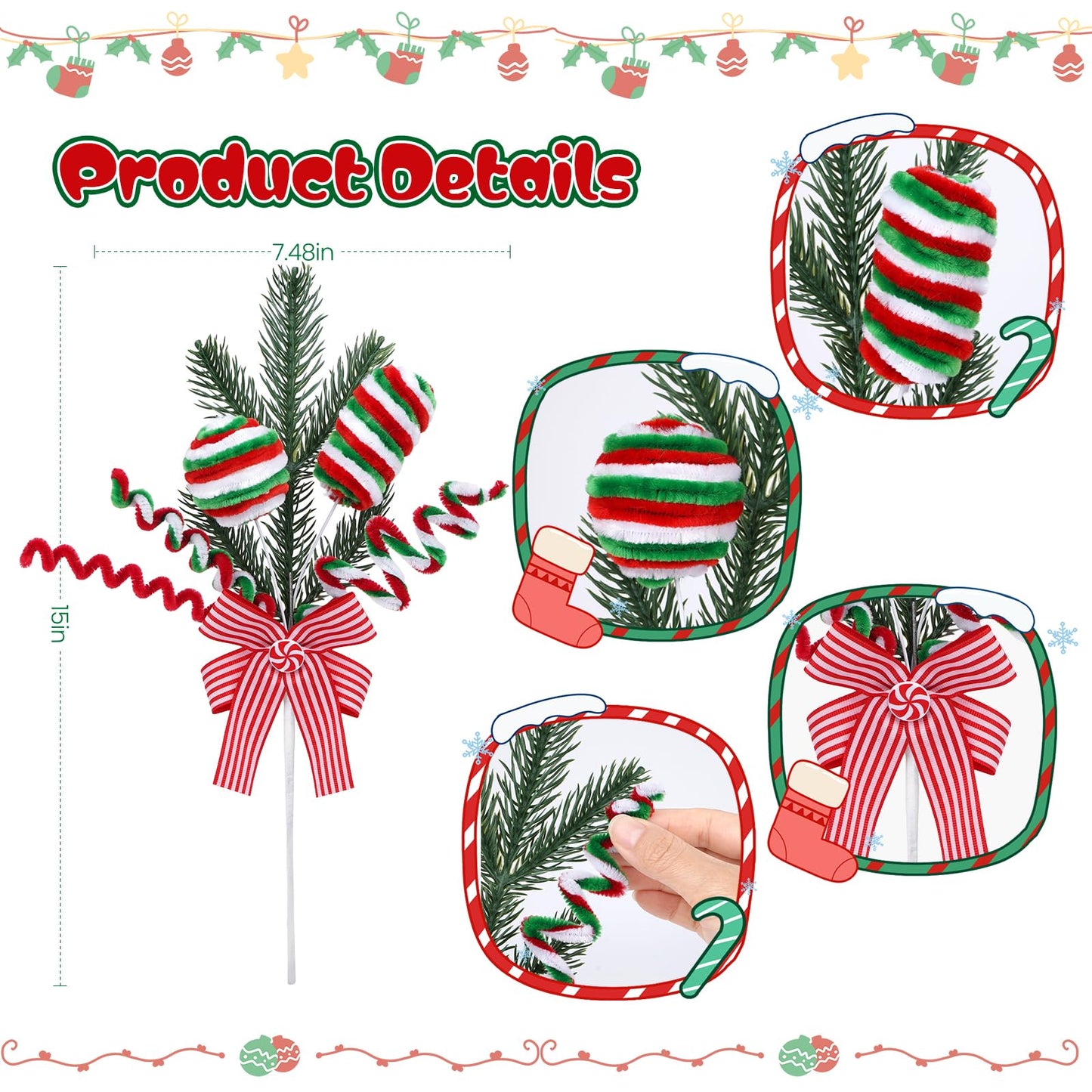 Candyland Christmas Tree Picks Set of 4, Red Green Peppermint Ornament Sprays with Bows and Greenery, Christmas Tree Topper Decorations, Gingerbread Christmas Decor for Tree, Wreath and Garland