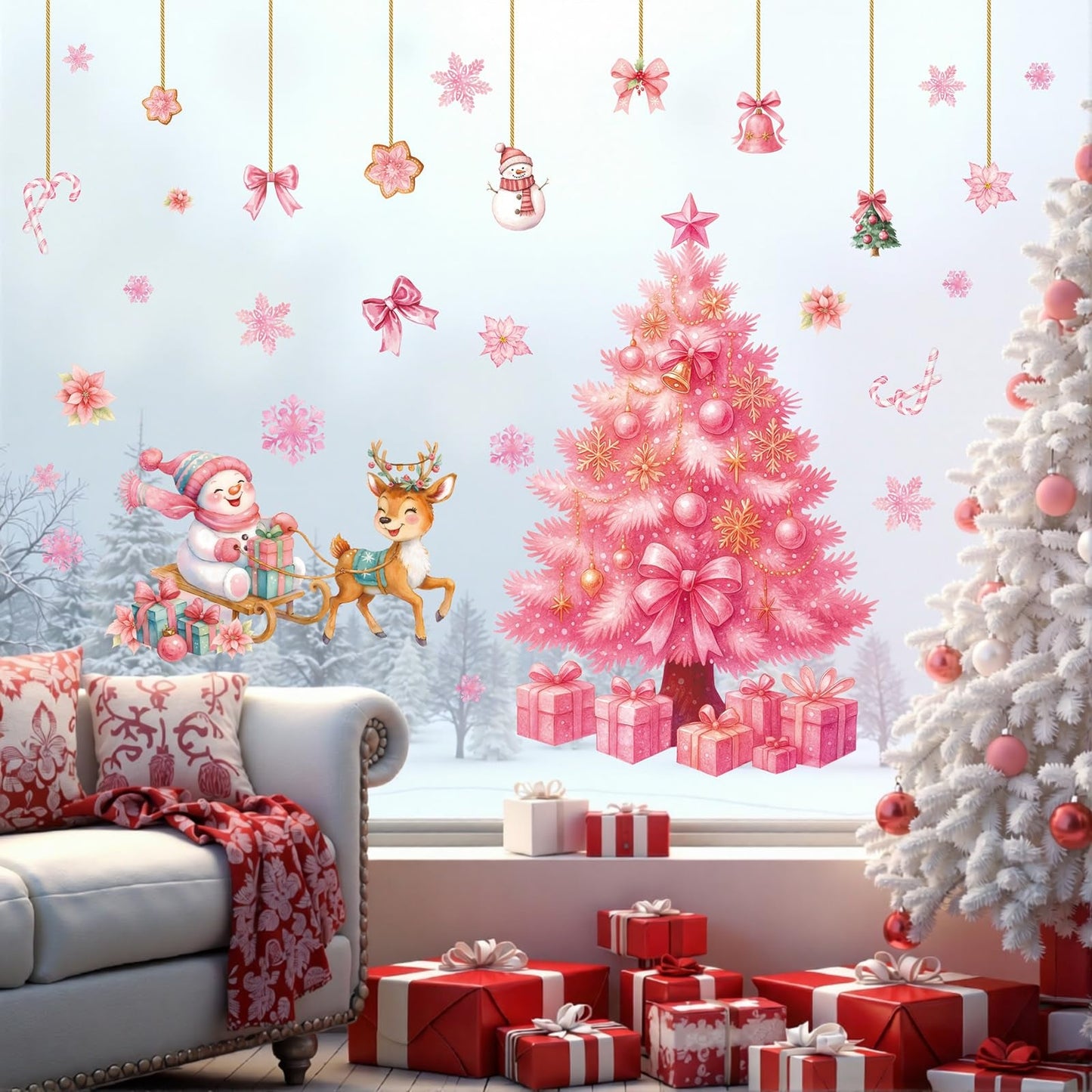 TOARTI Large Pink Christmas Tree Wall Decals Merry Christmas Window Clings Pink Xmas Tree Wall Sticker for Living Room Xmas Party Supplies Winter Holiday Party Decor