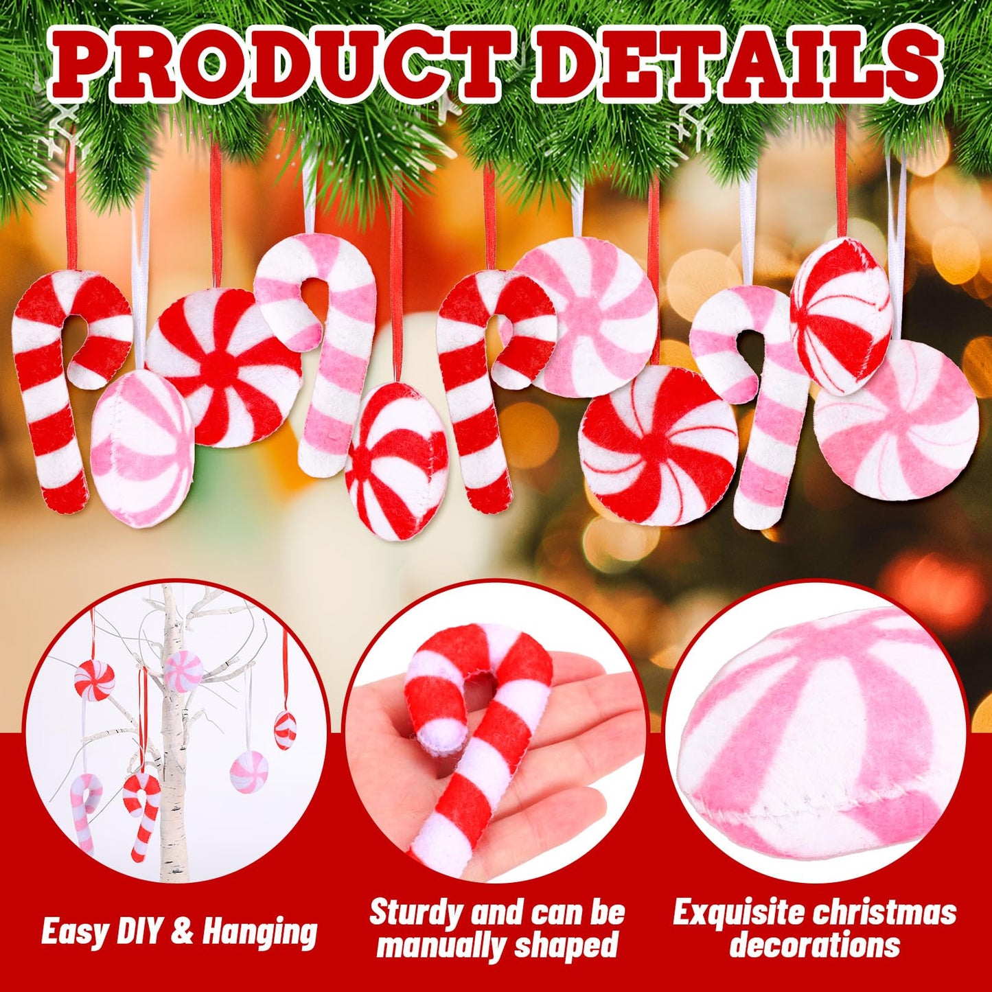 Whaline Christmas Felt Candy Canes Ornament Set Xmas Red Pink White Candy Hanging Decorations with String for DIY Garland Art Crafts Home Party Decor Supplies, 24 Pcs