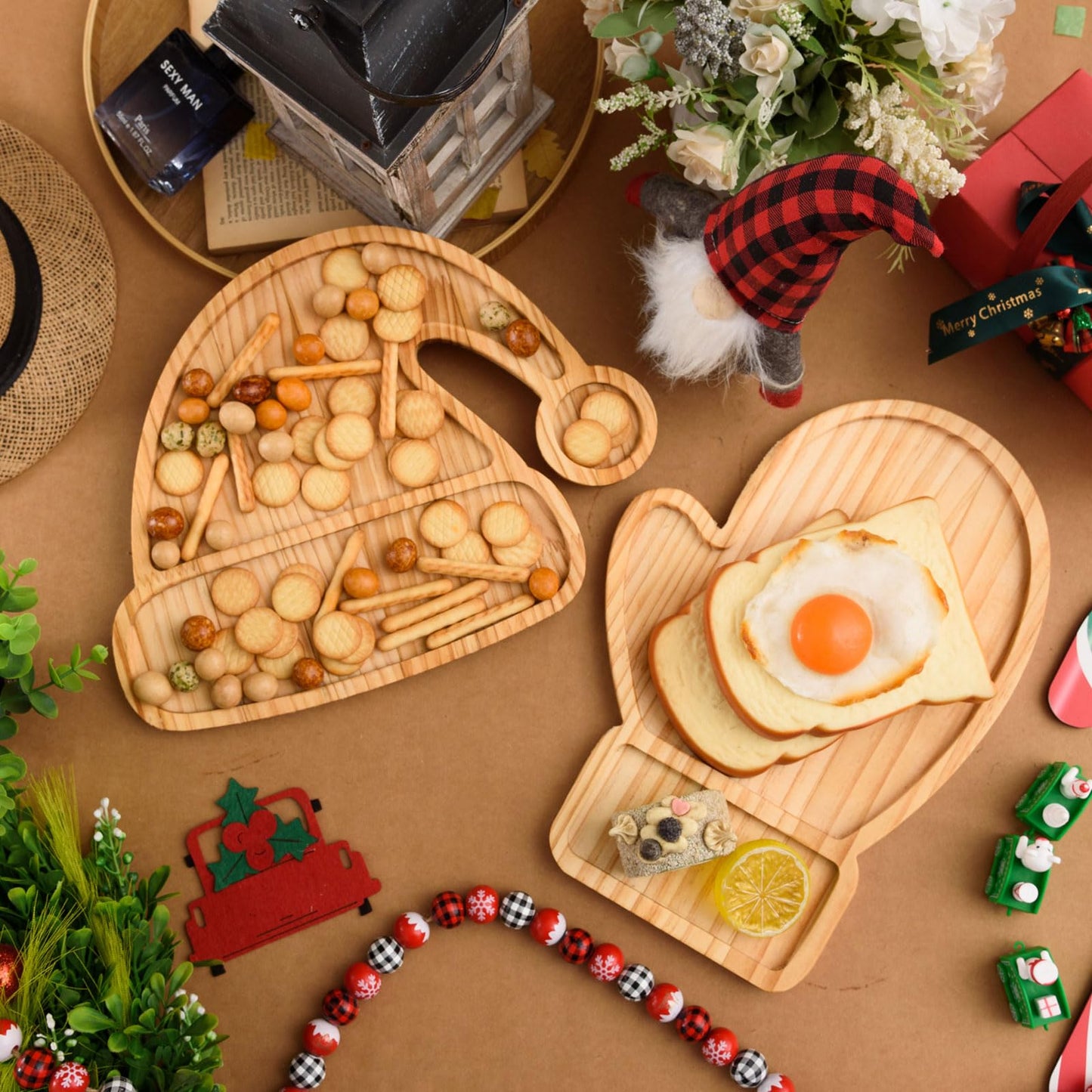 FOBSME 2 Pcs Christmas Serving Trays Santa Hat and Winter Mitten Shape Charcuterie Boards Decorative Wooden Serving Platter Pine Wood Snack Dish Plates for Xmas Holiday Housewarming Present,12.6 Inch