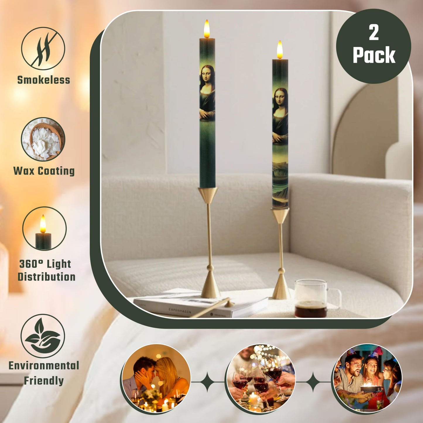 Mona Lisa Flameless Taper Candles - 10 Inch Set of 2 with Remote, Da Vinci Art Print LED Candles, Battery Operated Decorative Candles for Artistic Home Decor for Living Room, Study, Art Lover Gift