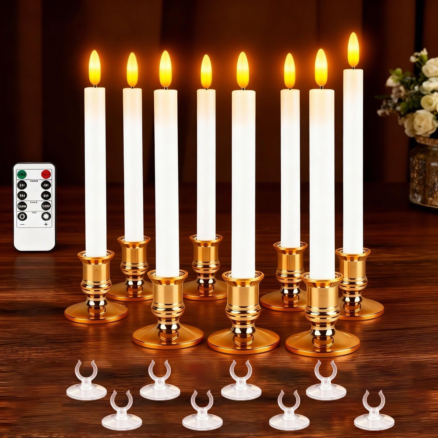 Hoisebecy Christmas Window Candles, 8 Pcs Battery Operated Flameless Taper Candles with Remote, Timer, 3D Wick, Holders & Suction Cups for Christmas, Wedding, Halloween Decor