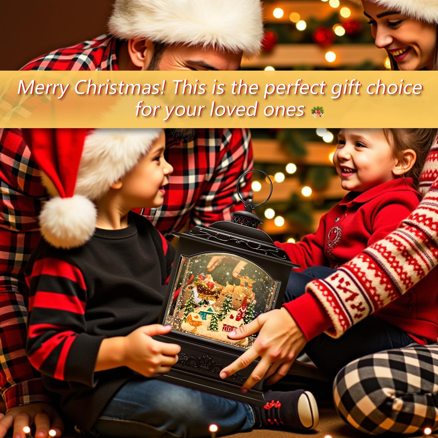 Musical Christmas Snow Globe Lantern with Flying Santa, Swirling Glitter Lighted Water Lantern, 6H Timer, USB or Battery Powered Holiday Decoration