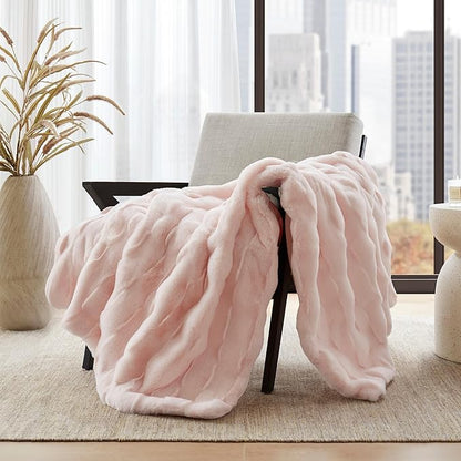 Madison Park Luxuriously Cozy Soft Long Faux Fur Basketweave Blanket, Reversible Soft & Snuggly Velvet Throw, Lightweight, Breathable, All Season, Trendy Room Décor, 50x60, Pink