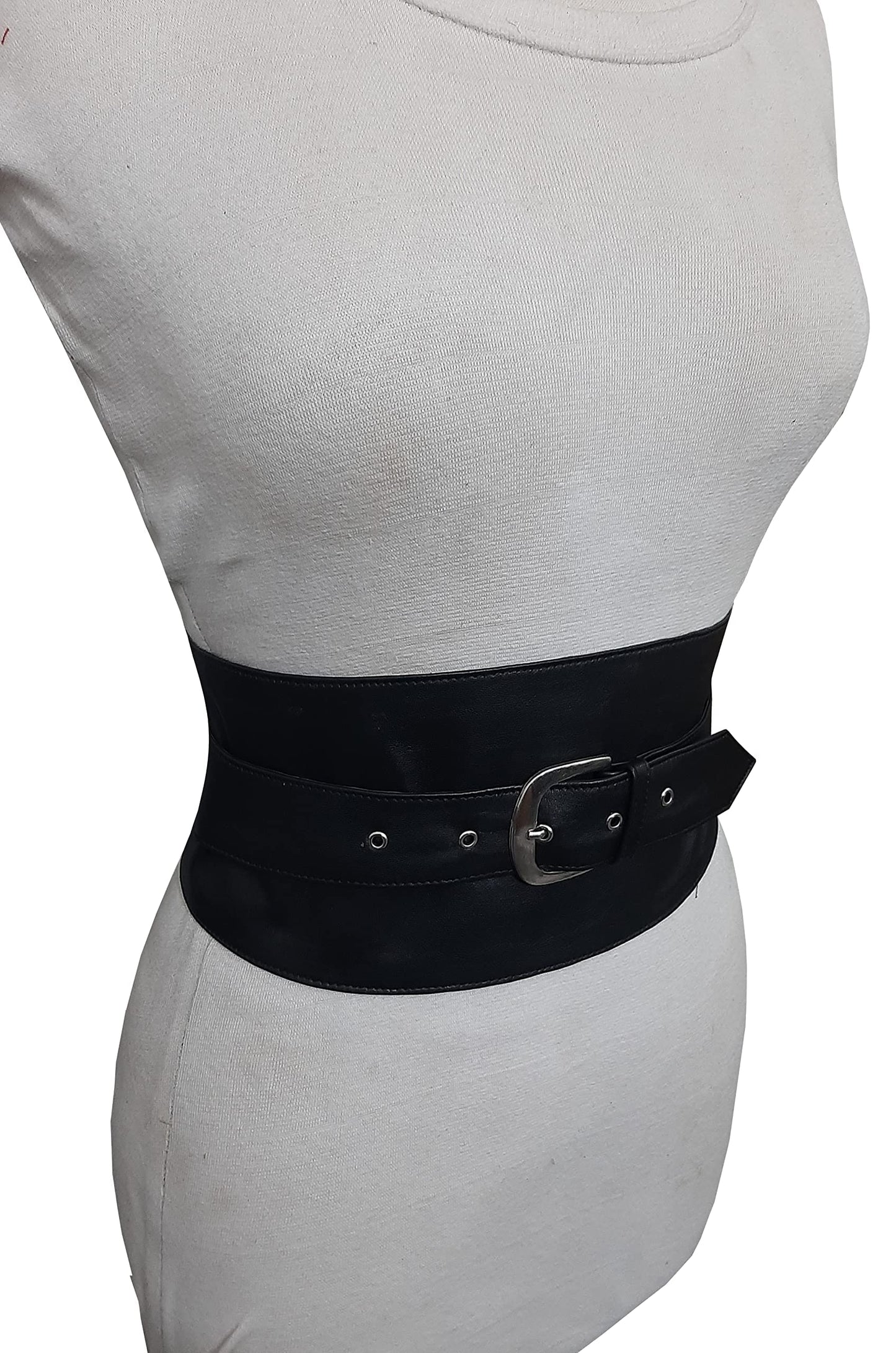 Women's Genuine Black Leather Obi Sash Wrap Corset Harness Wide Elegant Buckle Belt (M(8-10 US), Black)