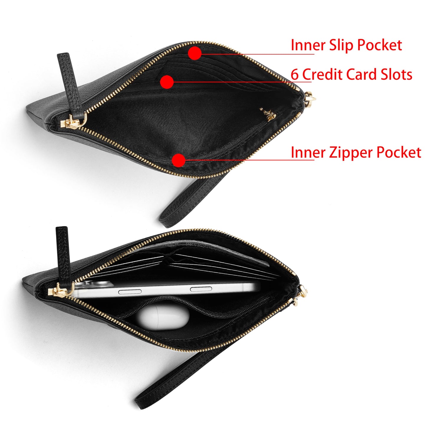 DORIS&JACKY Small Leather Wristlet Clutch Purse for Women Slim Designer Wallet and Cellphone Pouch Bag With Detachable Strap (Black)