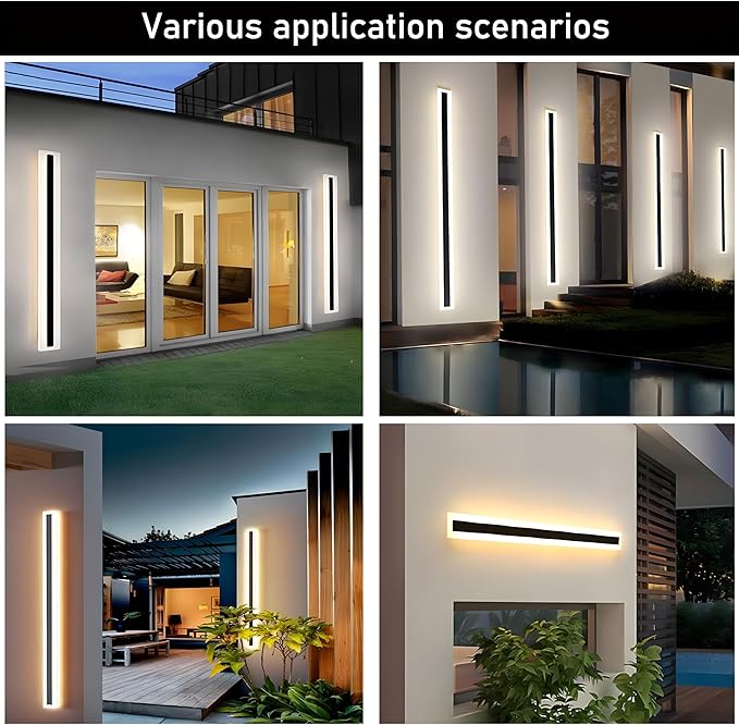2Pack 71inch Long Outdoor Modern LED Wall Light,55W Waterproof IP65 Warm White 110V led Wall Mount Lighting Fixture Rectangular Black Wall Lights Elegant Frosted White Acrylic Anti Rust.